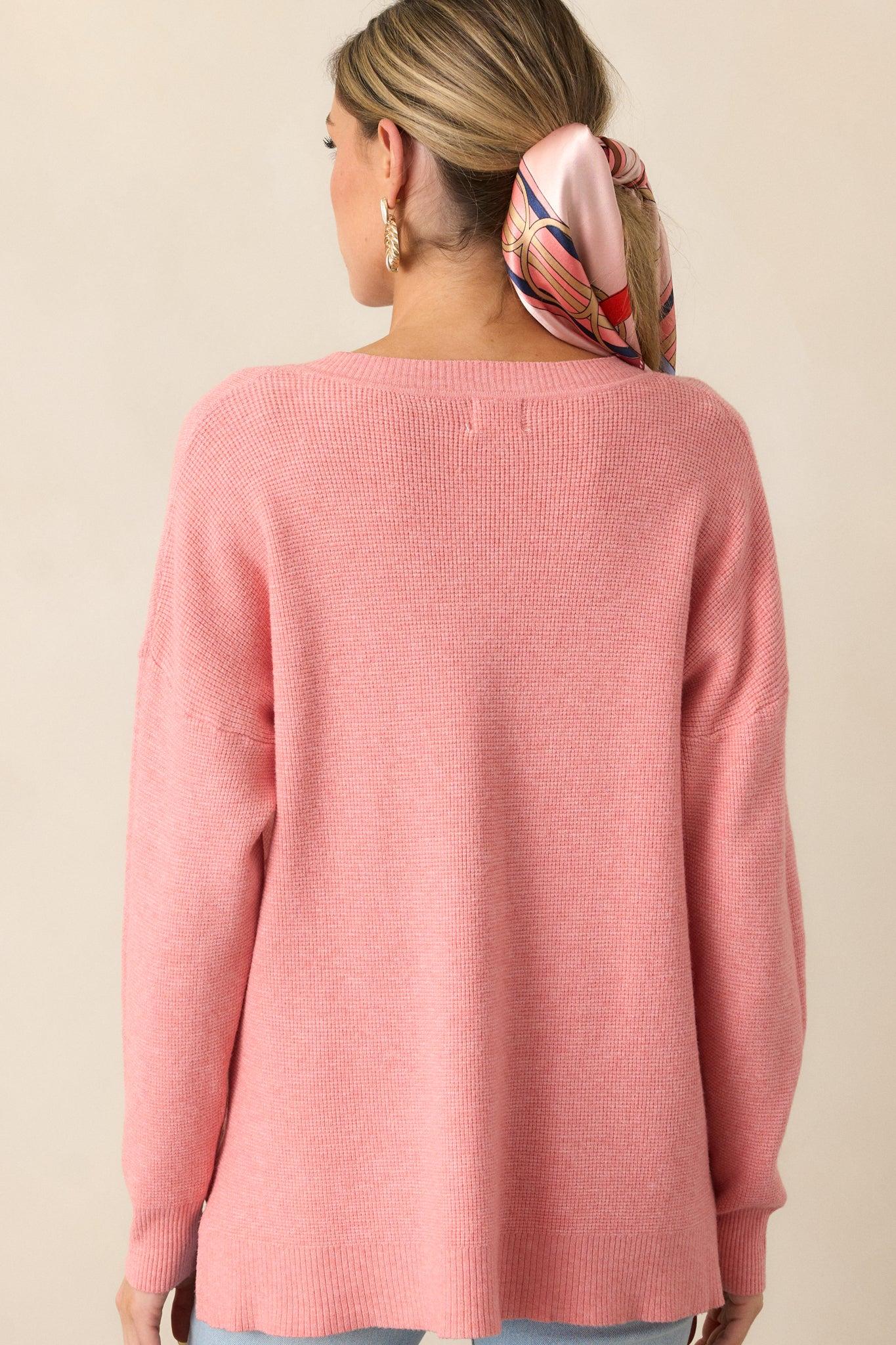 Cozy Afternoon Rose Pink V-Neck Sweater Product Image