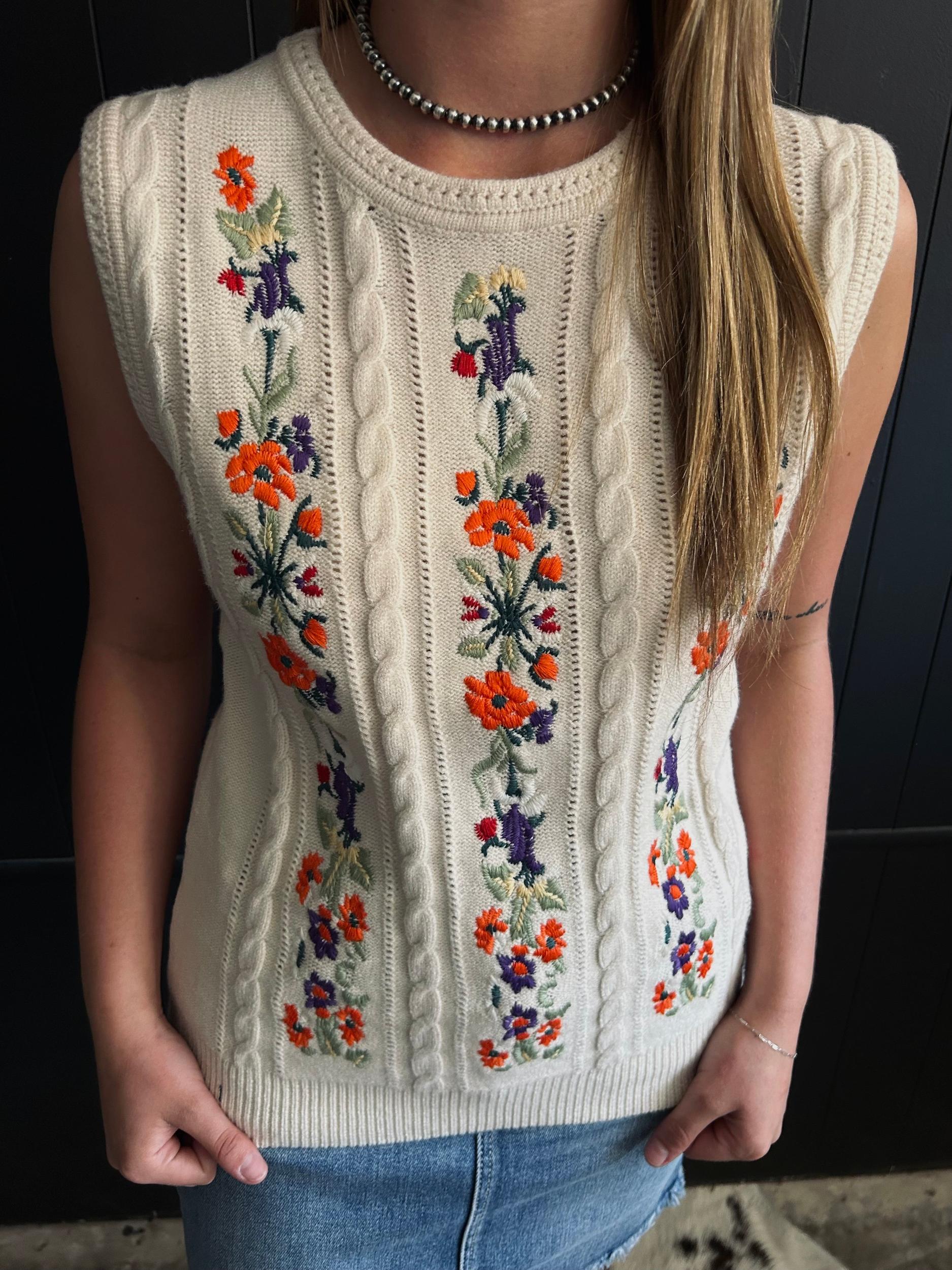 Embroidered Floral Cable Knit Sweater Vest Product Image
