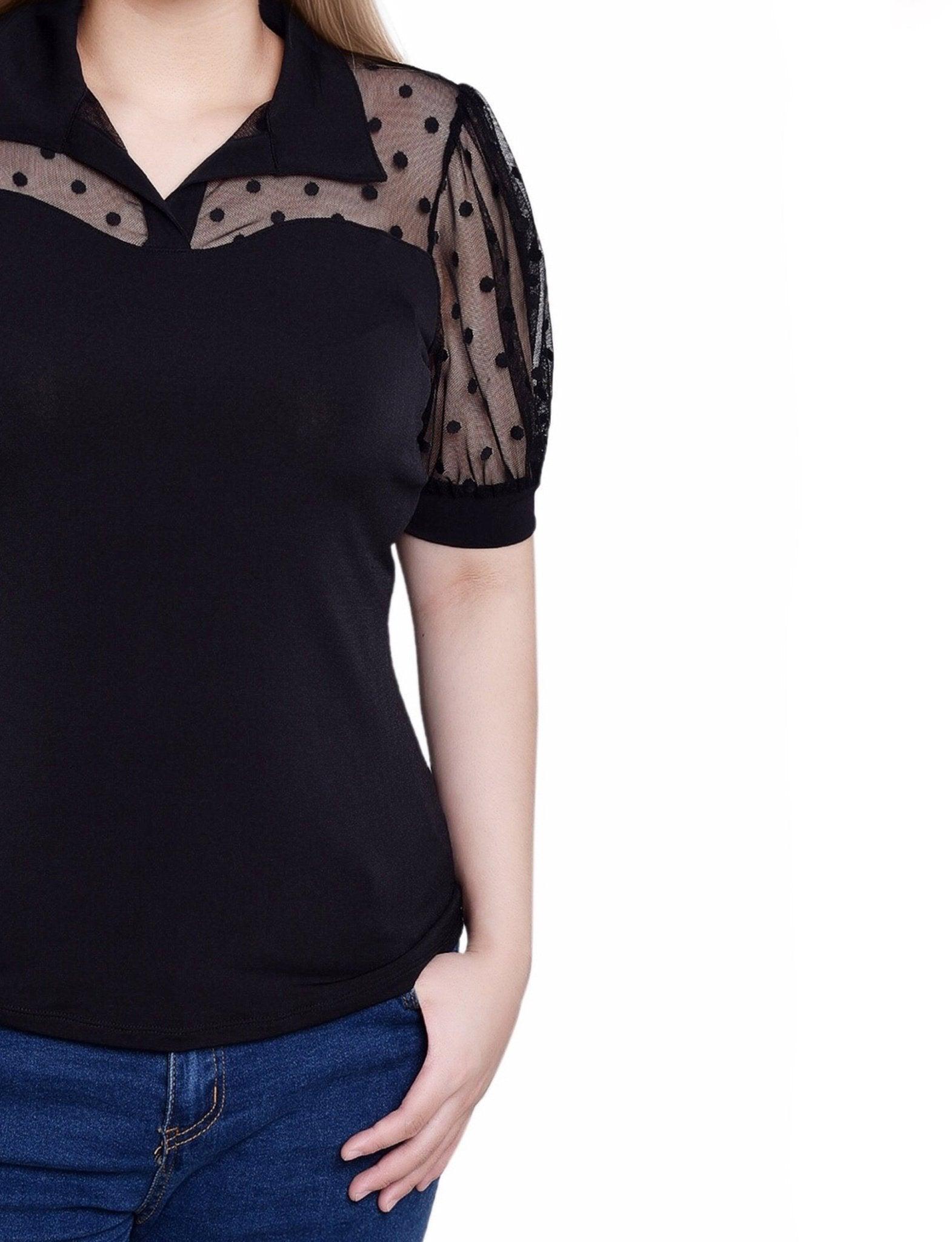Black Short Sleeve Top With Dotted Mesh - Petite Product Image