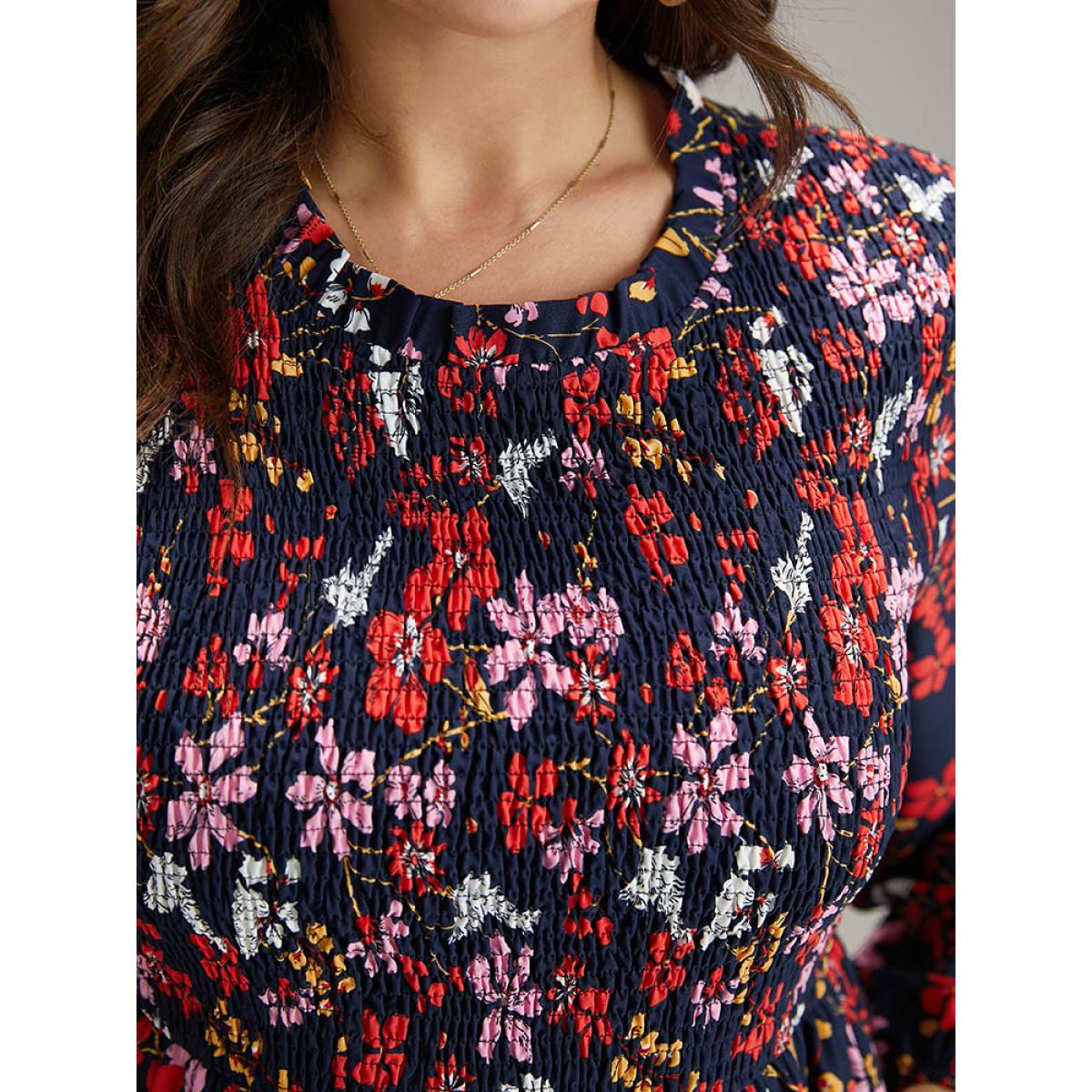 Plus Size Floral Print Keyhole Shirred Dress DarkBlue Women Elegant Elastic cuffs Mock Neck Long Sleeve Curvy Midi Dress BloomChic 14-16/1X Product Image