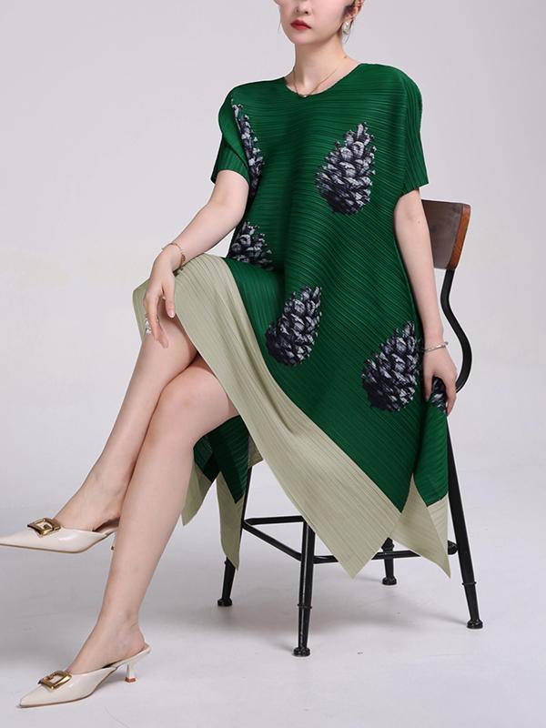 A-Line Loose Flower Print Pleated Round-Neck Midi Dresses Product Image