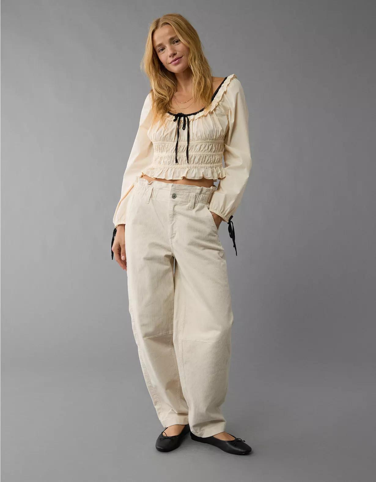 AE Long-Sleeve Ruched Poplin Blouse Product Image