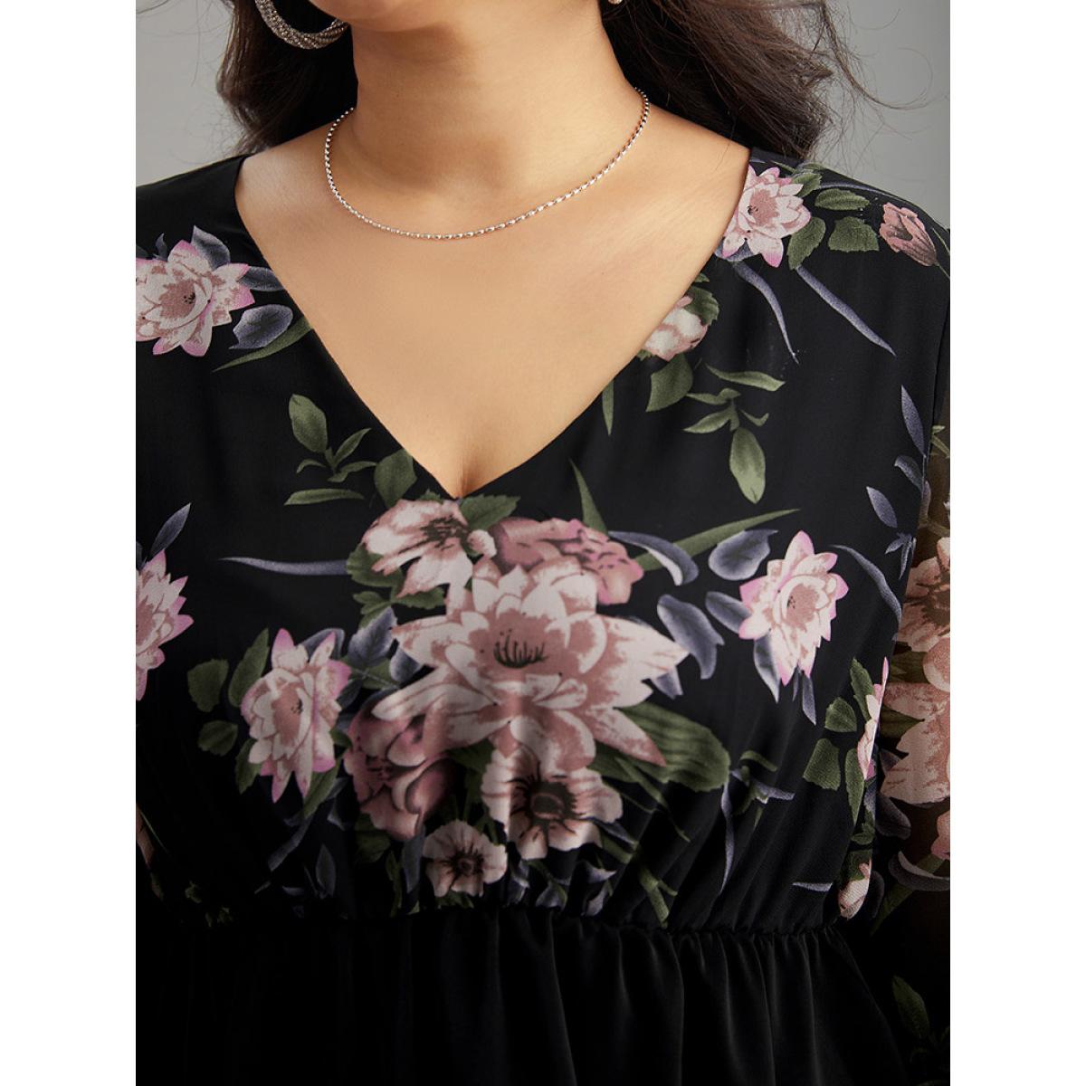 Plus Size Black Floral Print Patchwork Elastic Waist Lantern Sleeve Blouse Women Elegant Long Sleeve V-neck Going out Blouses BloomChic 14-16/1X Product Image