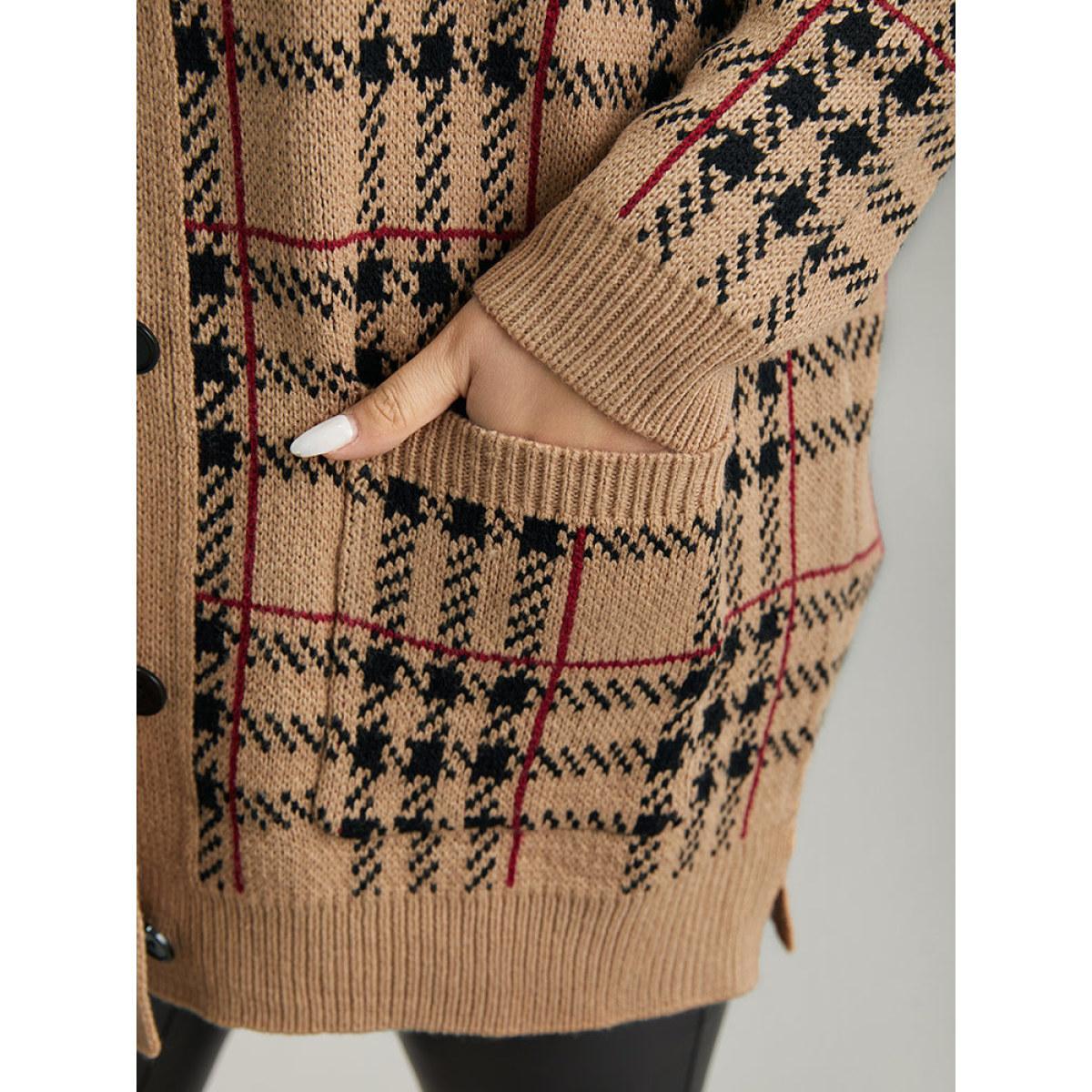 Plus Size Plaid & Houndstooth Print Patched Pocket Cardigan Multicolor Women Casual Loose Long Sleeve Dailywear Cardigans BloomChic 28/5X Product Image