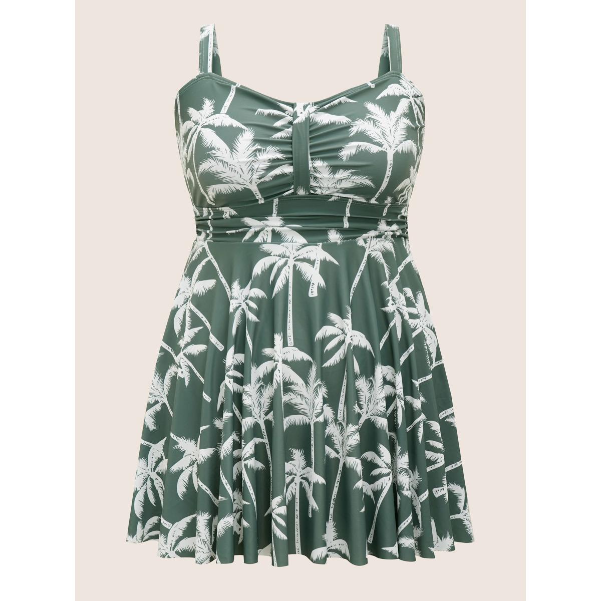 Plus Size Tropical Coconut Tree Ruched Swim Dress Women's Swimwear ArmyGreen Beach Bodycon Heart neckline High stretch Curve Swim Dresses BloomChic 30/6X Product Image