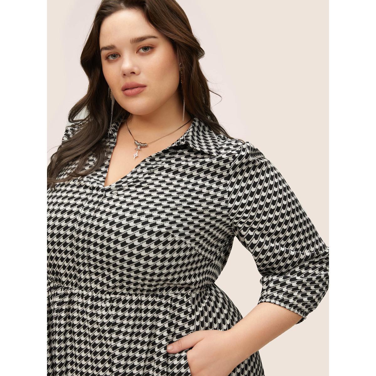 Plus Size Geometric Colorblock Lapel Collar Elastic Waist Dress Black Women At the Office Non Lapel Collar Elbow-length sleeve Curvy Midi Dress BloomChic 14-16/1X Product Image