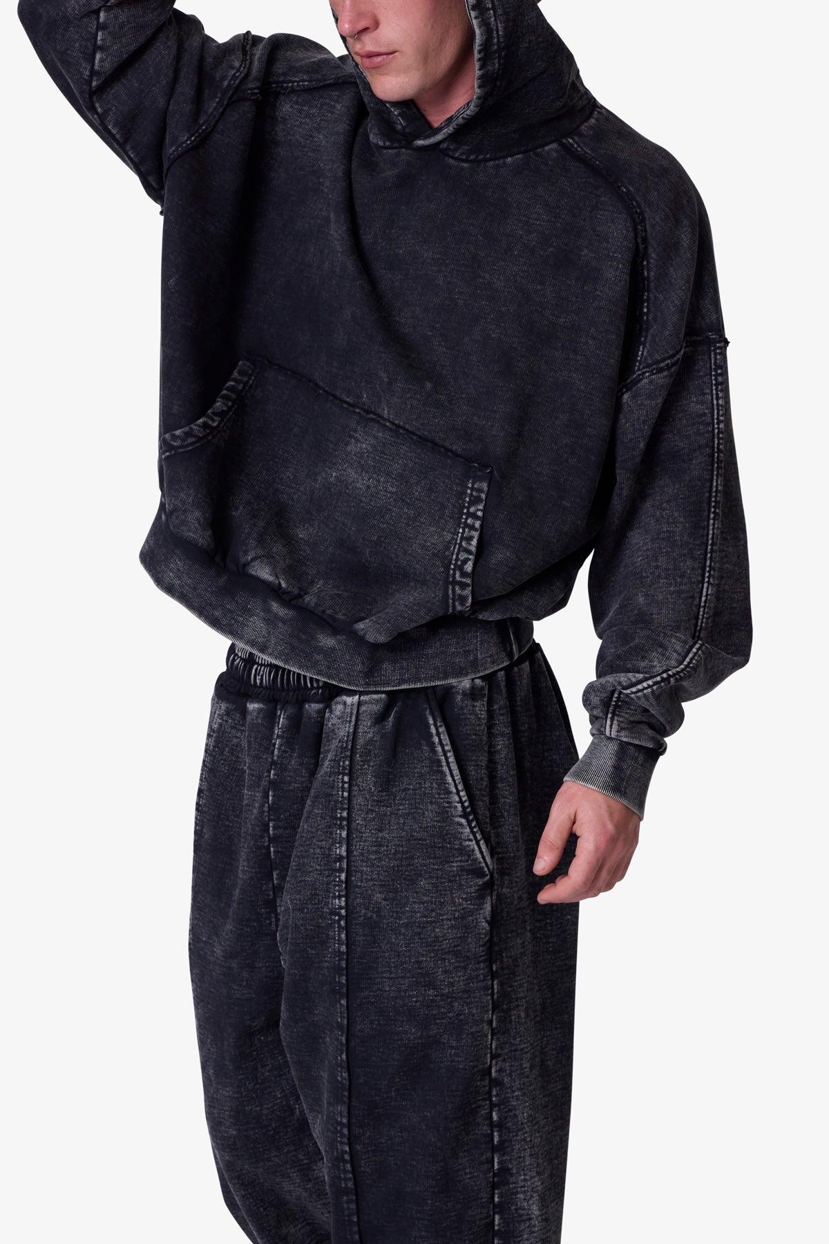 Frayed Seam Acid Wash Hoodie - Black Product Image