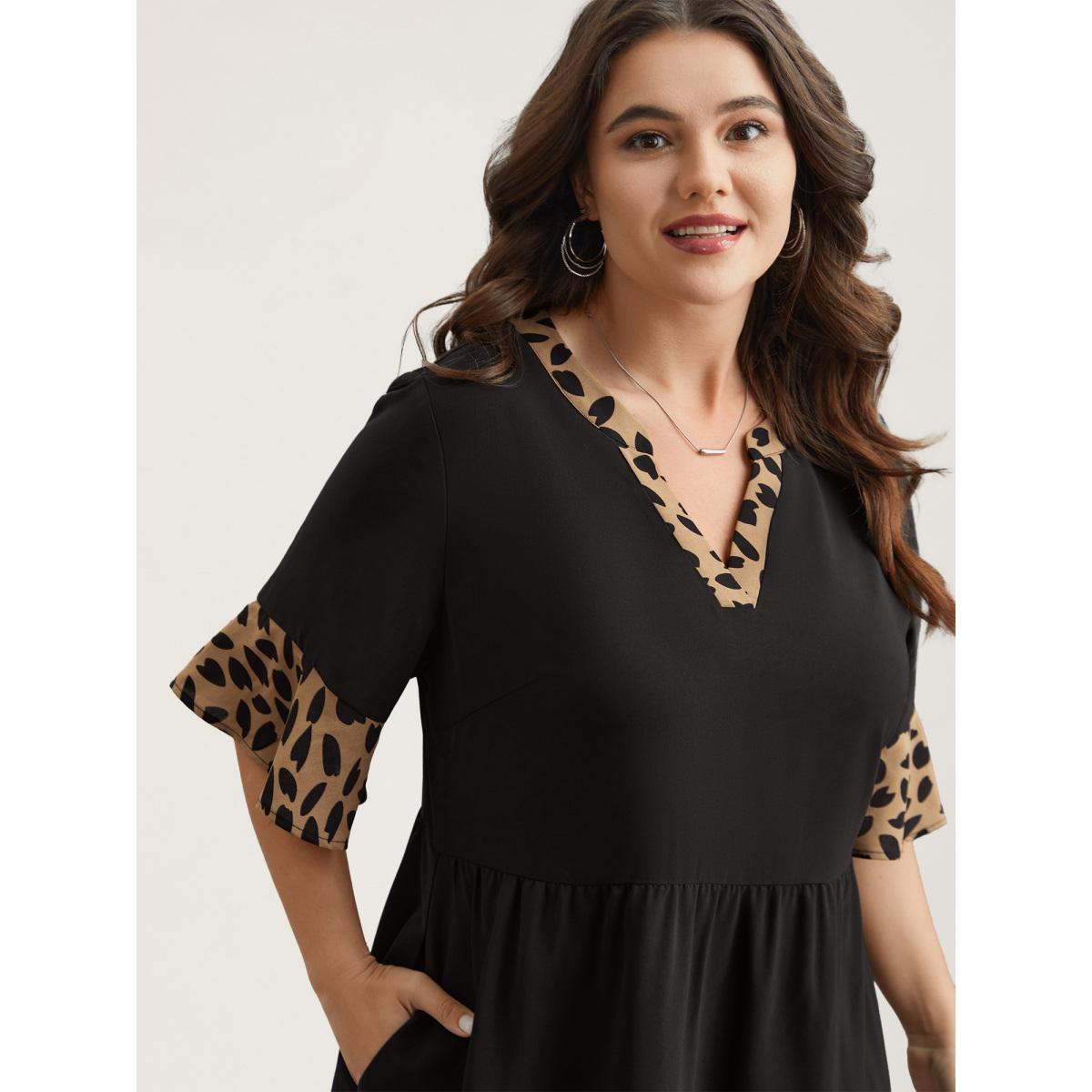Plus Size Leopard Print Spliced Tiered Midi Dress Black Women Casual Patchwork Flat collar Half Sleeve Curvy BloomChic 18-20/2X Product Image