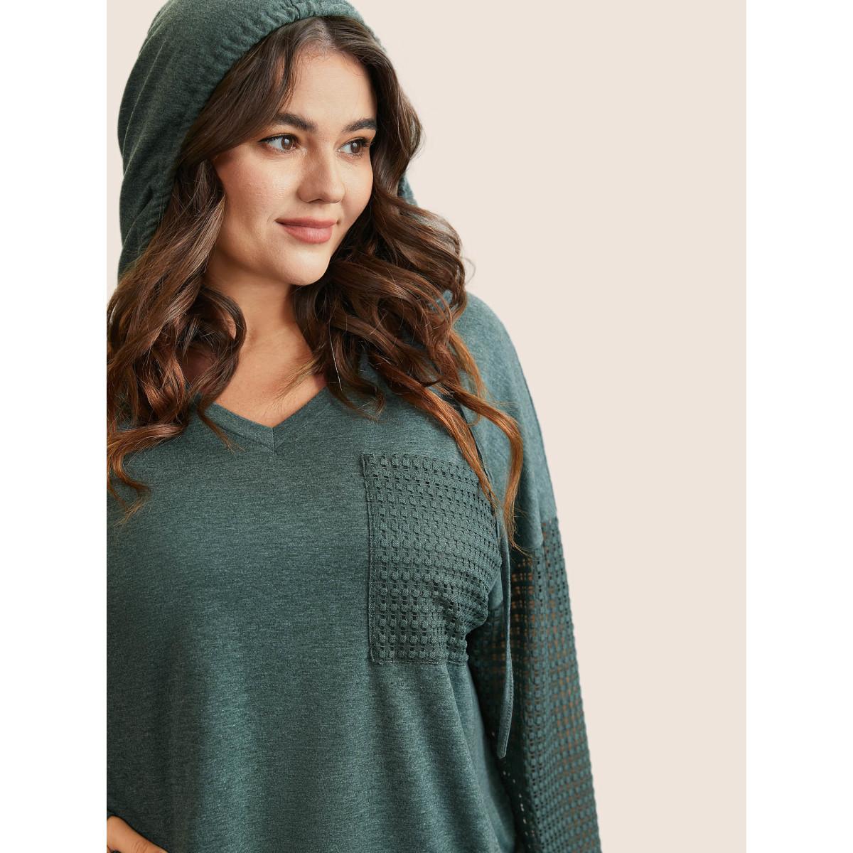 Plus Size Solid Heather Patched Pocket Textured T-shirt Cyan Women Casual Texture Plain Hooded Everyday T-shirts BloomChic 10/M Product Image