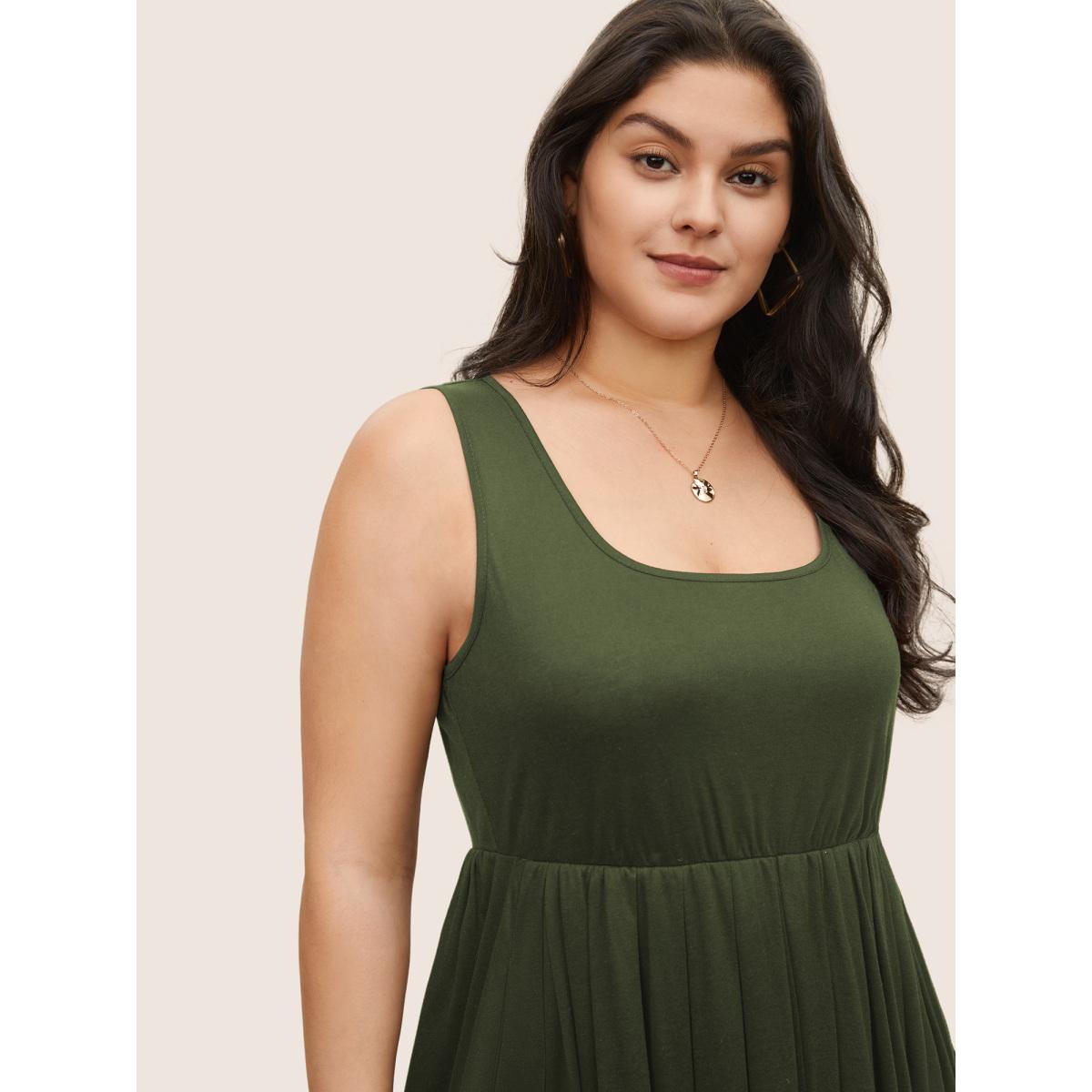 Plus Size Supersoft Essentials Solid Gathered Tank Dress ArmyGreen Women Basics Non U-neck Sleeveless Curvy Midi Dress BloomChic 22-24/3X Product Image