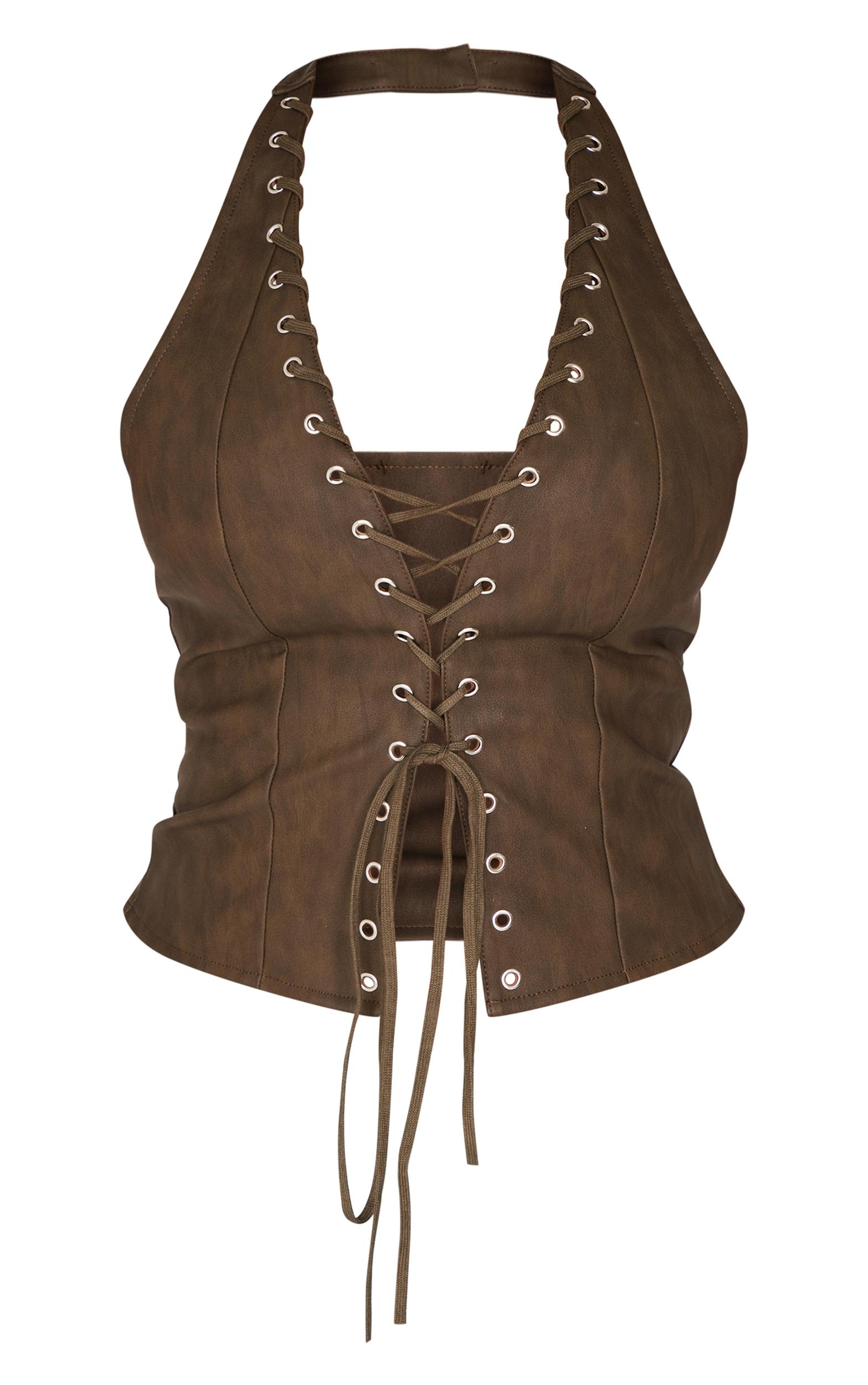 Shape Olive Washed Faux Leather Halter Neck Lace Up Corset Product Image