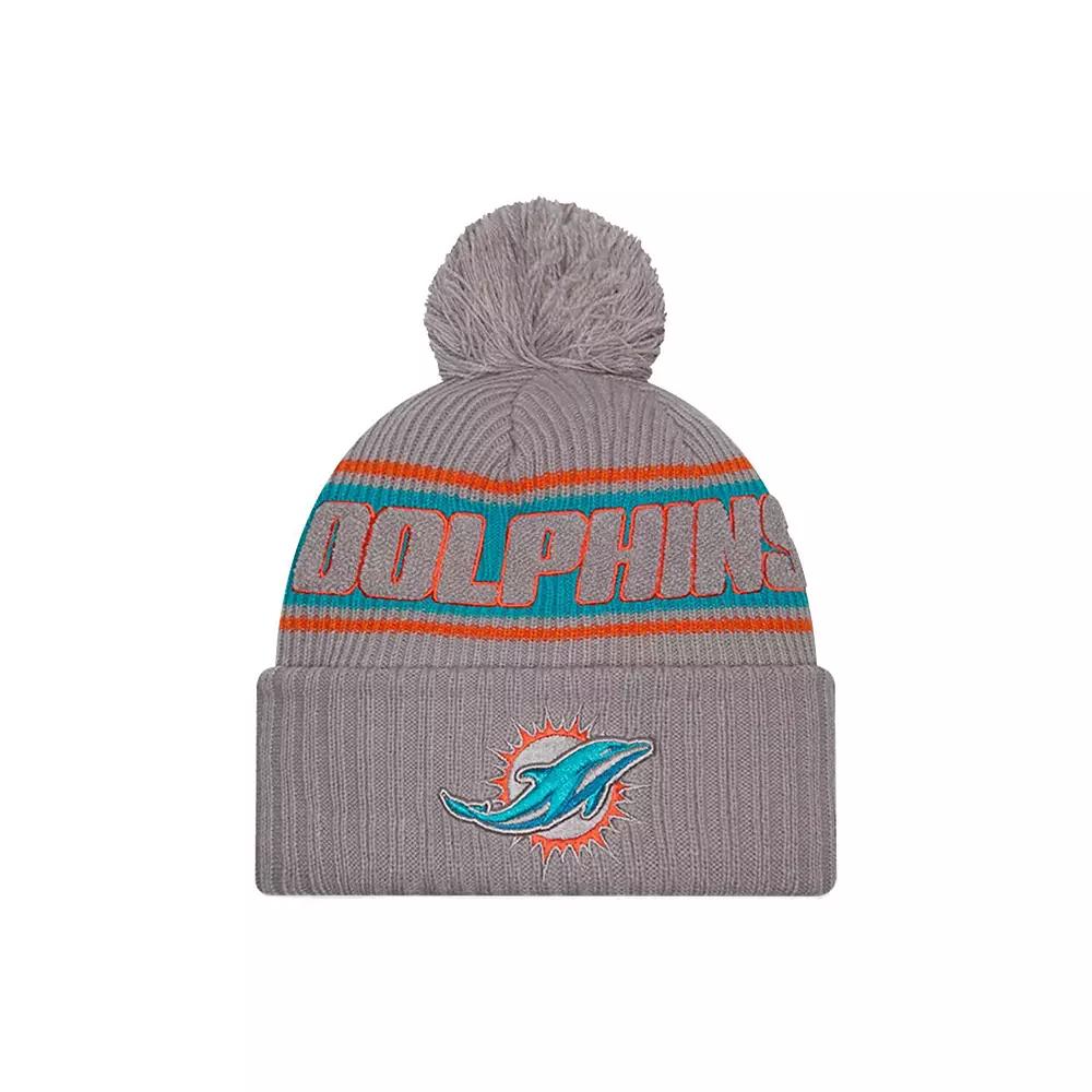 Men's New Era Gray Miami Dolphins 2024 Sideline Sport Cuffed Knit Hat with Pom, Grey Product Image