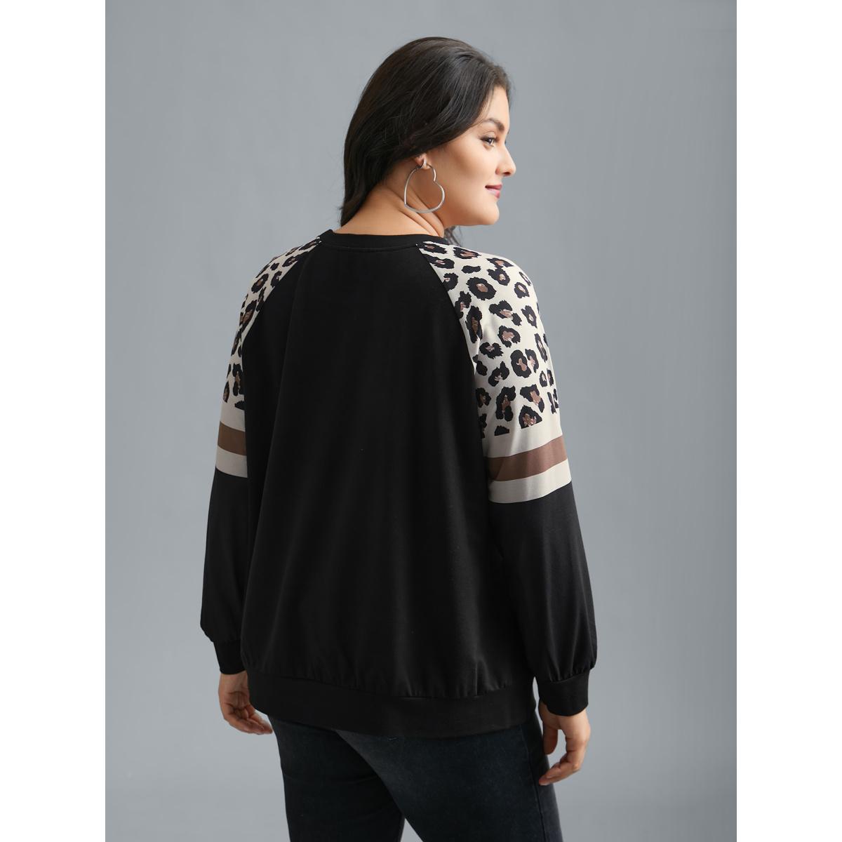Plus Size Round Neck Stretchy Leopard Sleeve Sweatshirt Women Black Casual Contrast Round Neck Everyday Sweatshirts BloomChic 30/6X Product Image