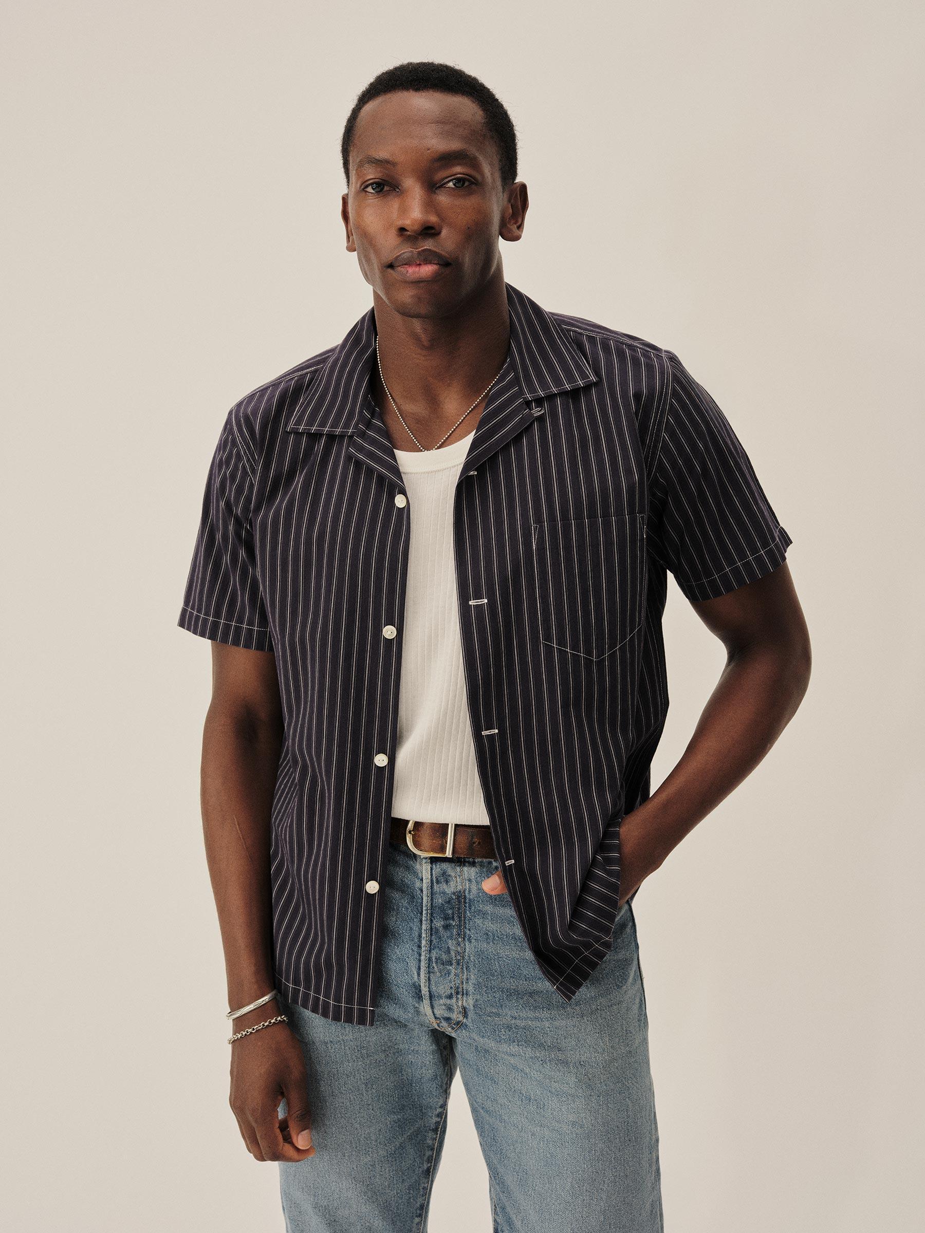 Navy/Natural Road Stripe Wornwell One Pocket Shirt Product Image