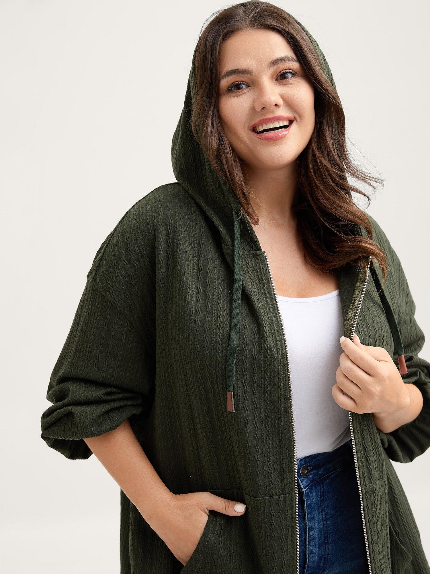 Textured Solid Pocket Zipper Hoodie Female Product Image