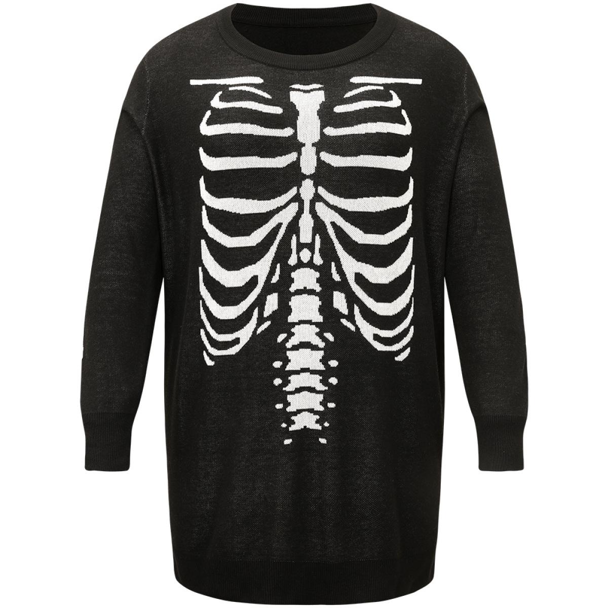 Plus Size Halloween Skull Print Elastic Cuffs Pullover Black Women Casual Loose Long Sleeve V-neck Festival-Halloween Pullovers BloomChic 10/M Product Image