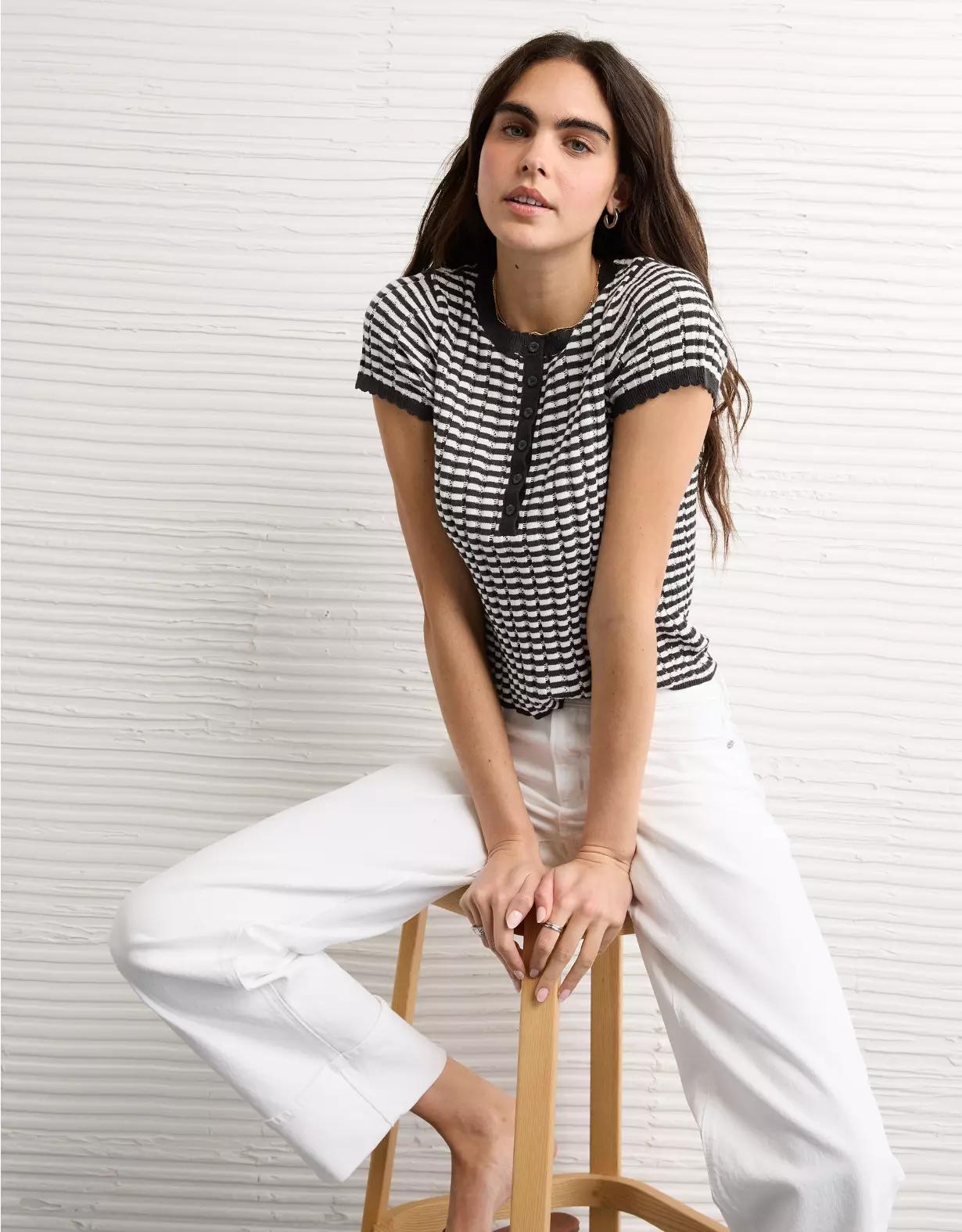 AE Henley Pointelle Sweater T-Shirt Product Image