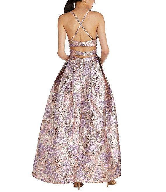Morgan & Co. Metallic Jacquard Spaghetti Strap Criss Cross Back Ballgown Product Image