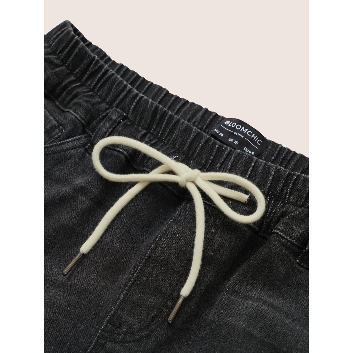 Plus Size Black Wash Contrast Drawstring Wide Leg Jeans Women DimGray Casual Plain Non High stretch Slanted pocket Jeans BloomChic 28/5X Product Image