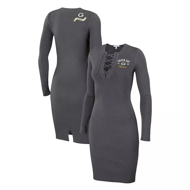 Women's WEAR by Erin Andrews Charcoal Green Bay Packers Lace Up Long Sleeve Dress, Size: 2XL Product Image