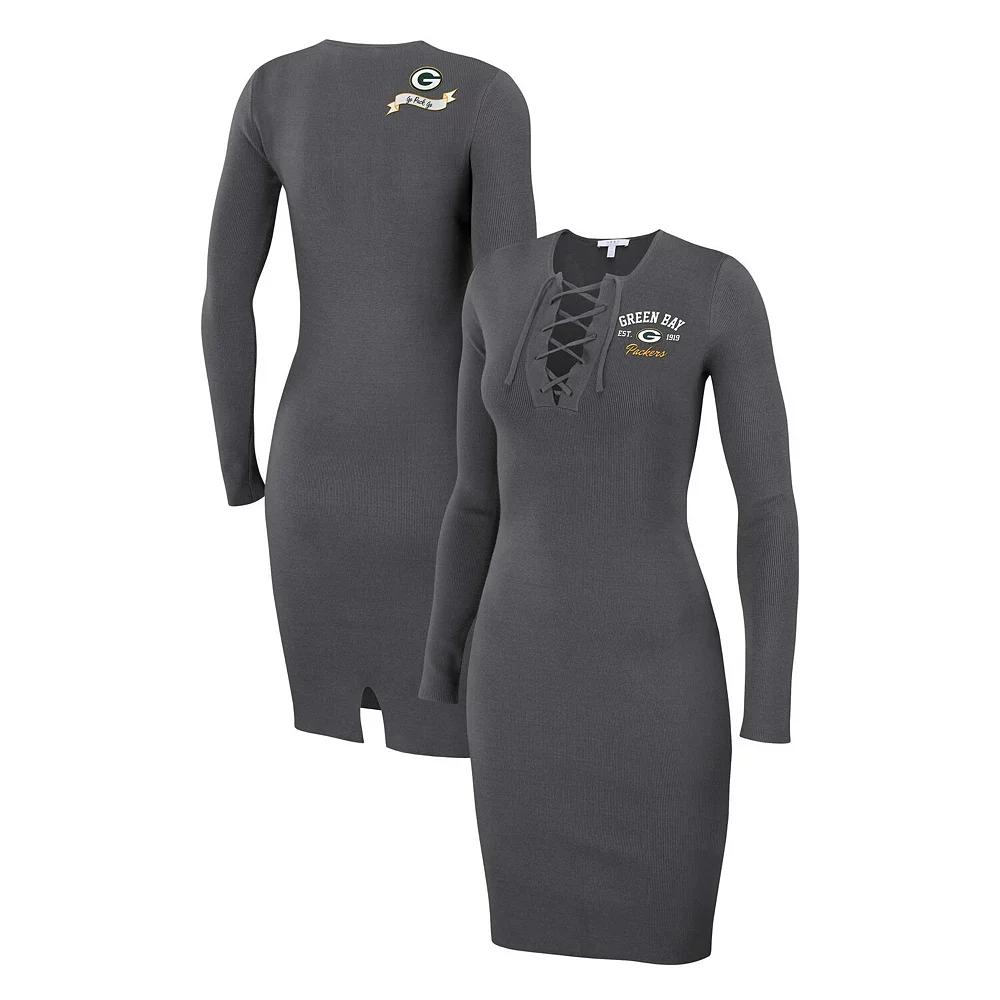 Women's WEAR by Erin Andrews Charcoal Green Bay Packers Lace Up Long Sleeve Dress, Size: 2XL Product Image