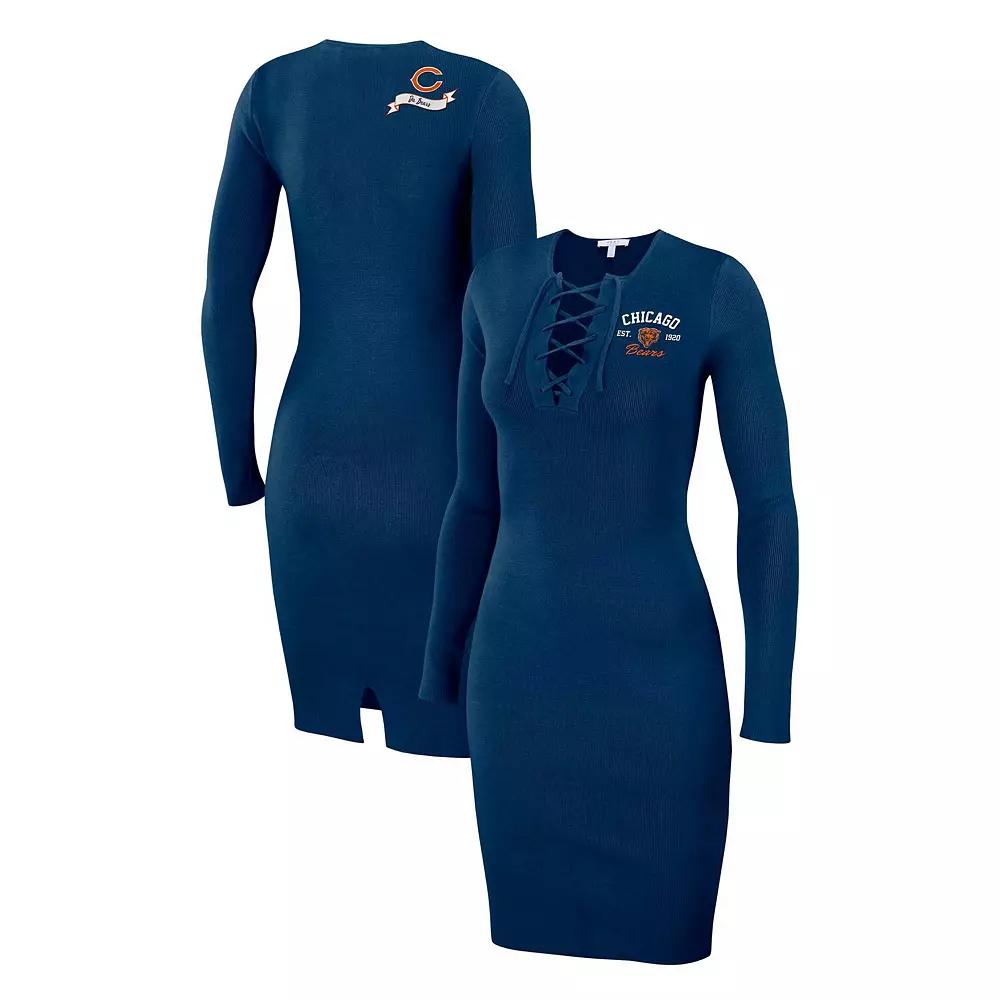 Women's WEAR by Erin Andrews Navy Chicago Bears Lace Up Long Sleeve Dress,  Product Image