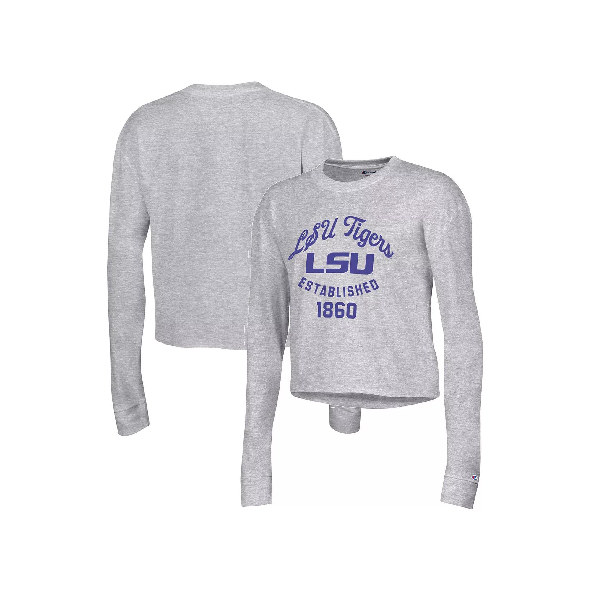 Women's Champion Gray LSU Tigers Boyfriend Cropped Long Sleeve T-Shirt,  Product Image