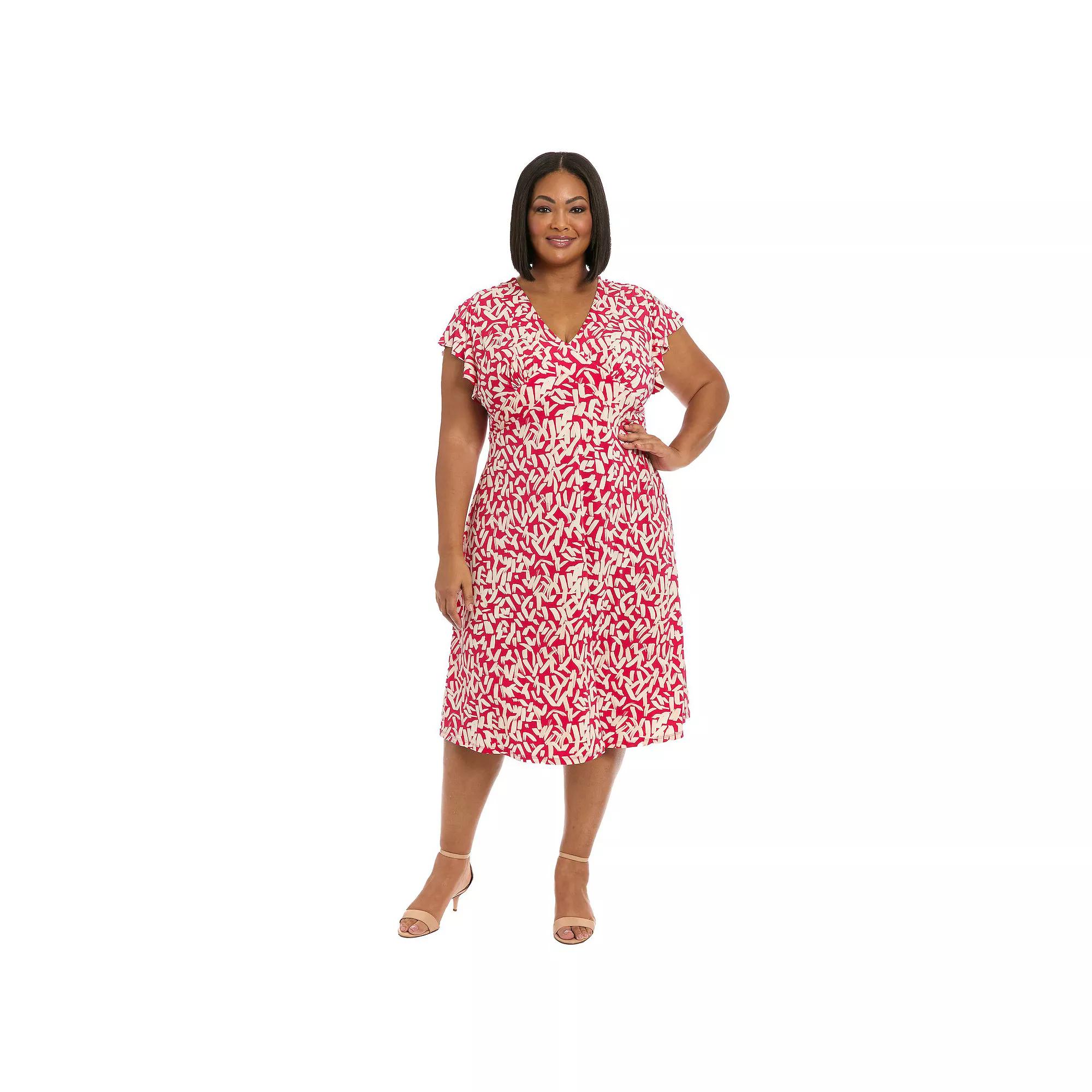 Plus Size London Times Ruffle Sleeve Midi Dress, Women's, Size: 14 W, Red Ivory Product Image