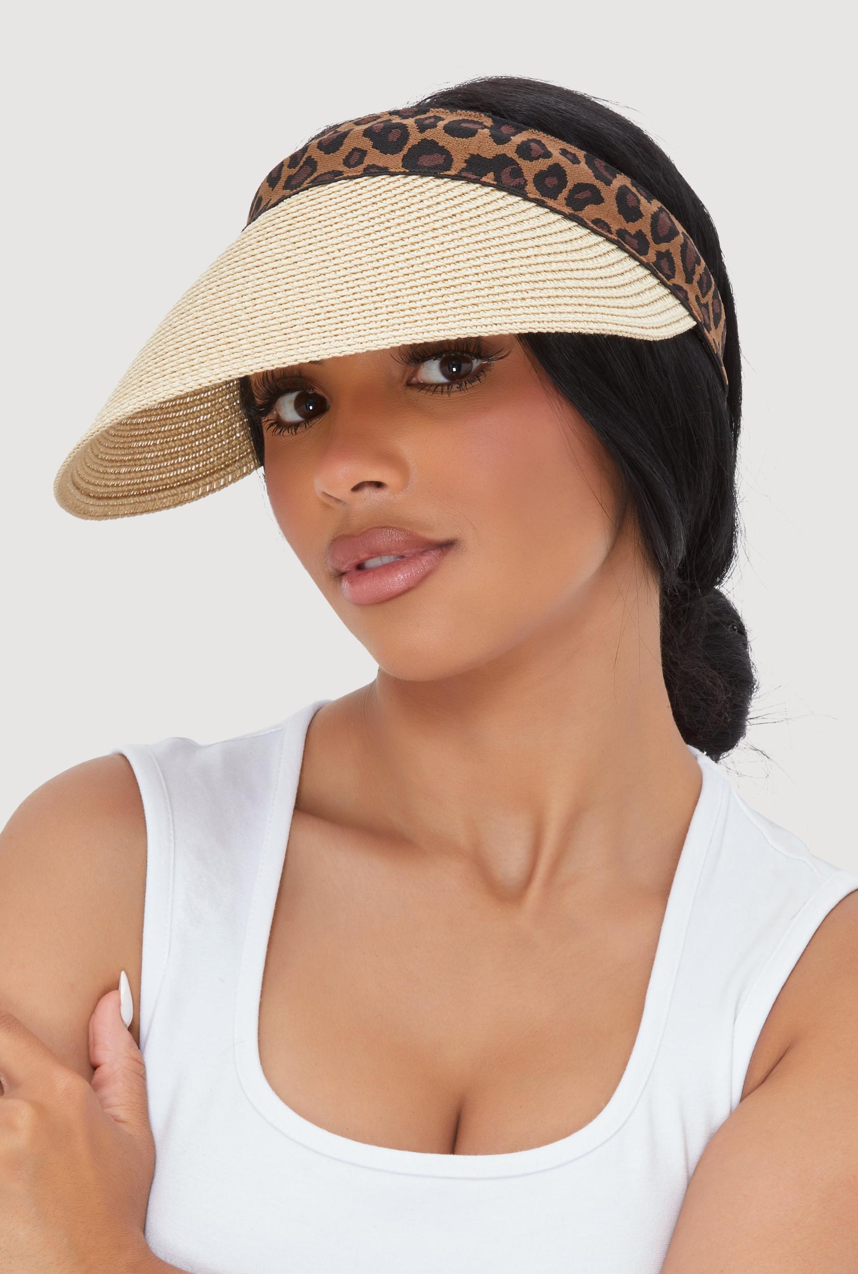 Straw Visor with Leopard Print Band Female Product Image