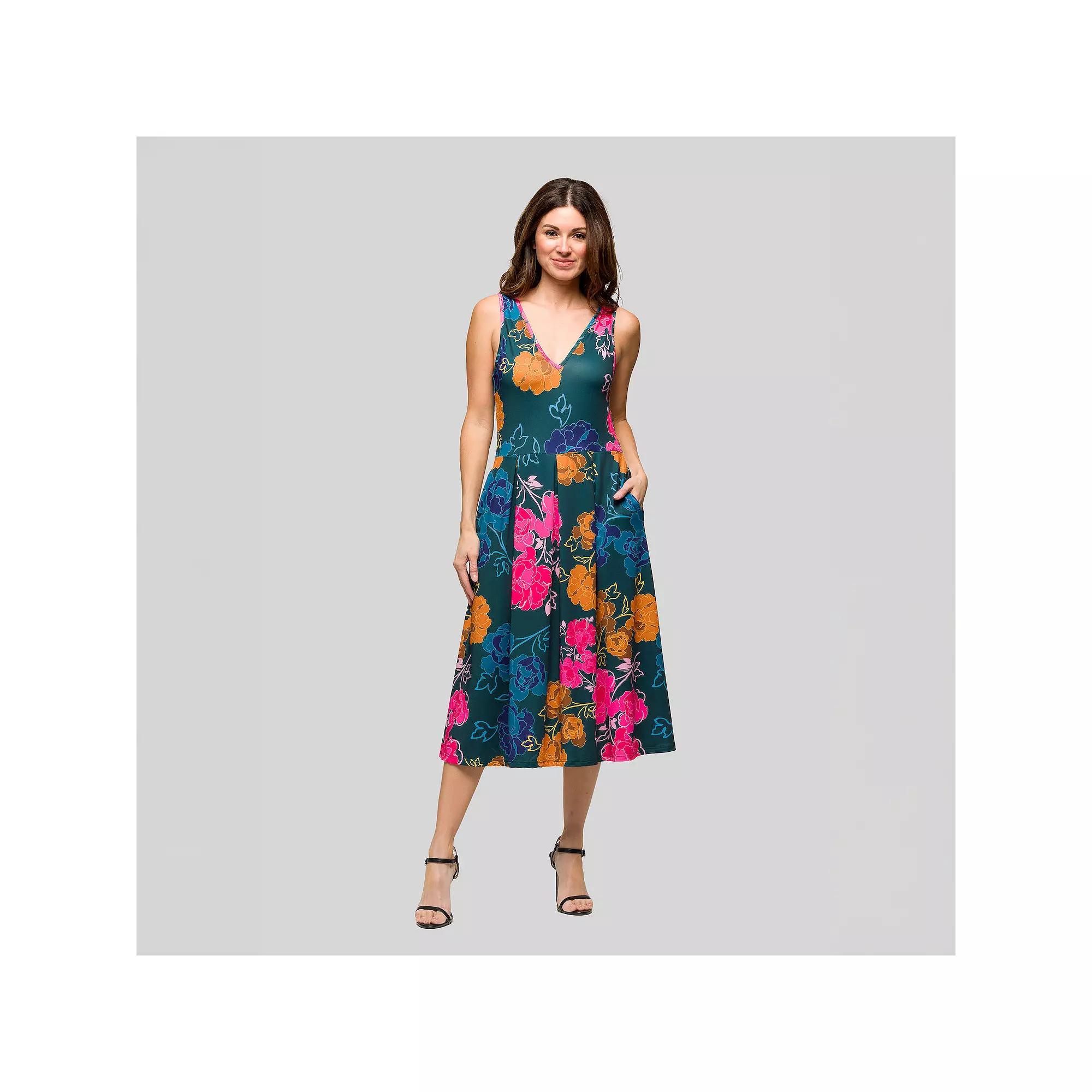 Women's 24Seven Comfort Apparel Sleeveless Pleated Midi Pocket Dress, Size: Medium, Green Team Product Image