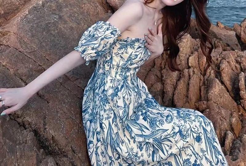 Short-Sleeve Off-Shoulder Floral Print Midi A-Line Dress Product Image