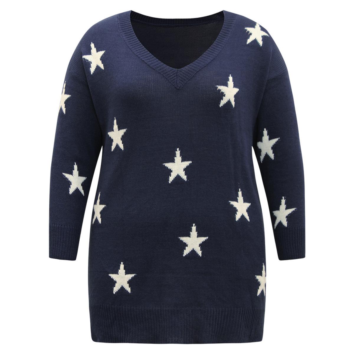 Plus Size Star Print Drop Shoulder Cardigan Indigo Women Casual Loose Long Sleeve V-neck Dailywear Pullovers BloomChic 28/5X Product Image