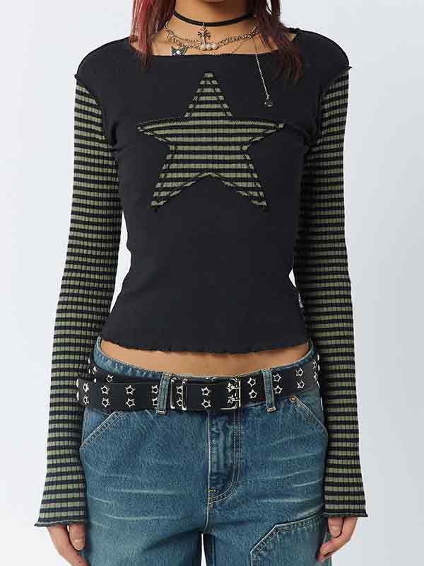 Stripe Star Print Patchwork Slim Long Sleeve Tee Product Image