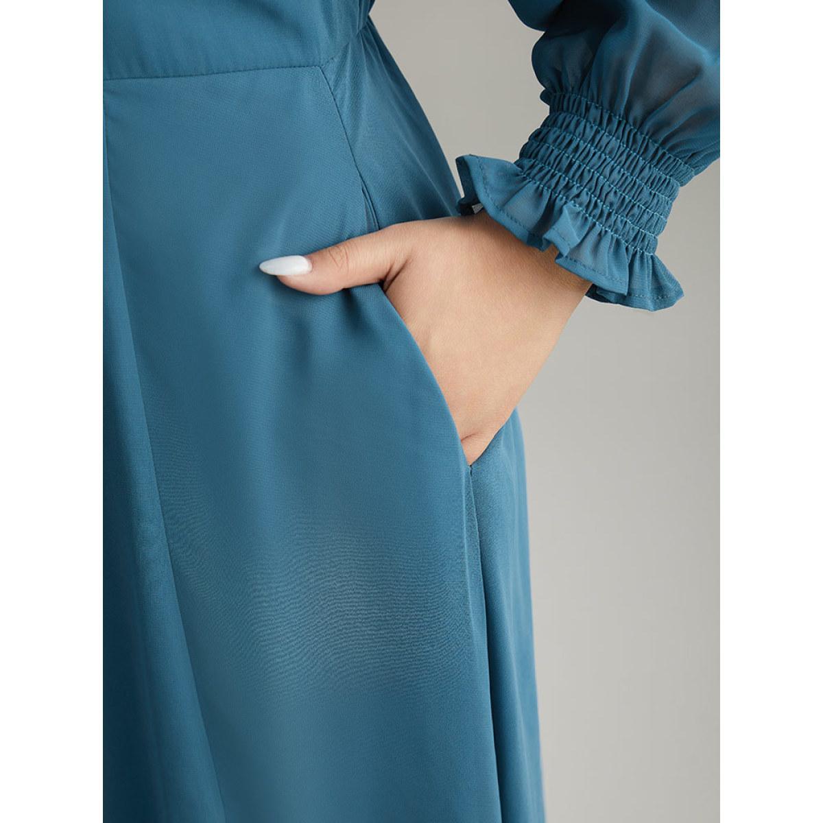 Plus Size Chiffon Square Neck Shirred Lantern Sleeve Split Hem Dress Aegean Women Glamour Plain Square Neck Long Sleeve Curvy Midi Dress BloomChic 18-20/2X Product Image