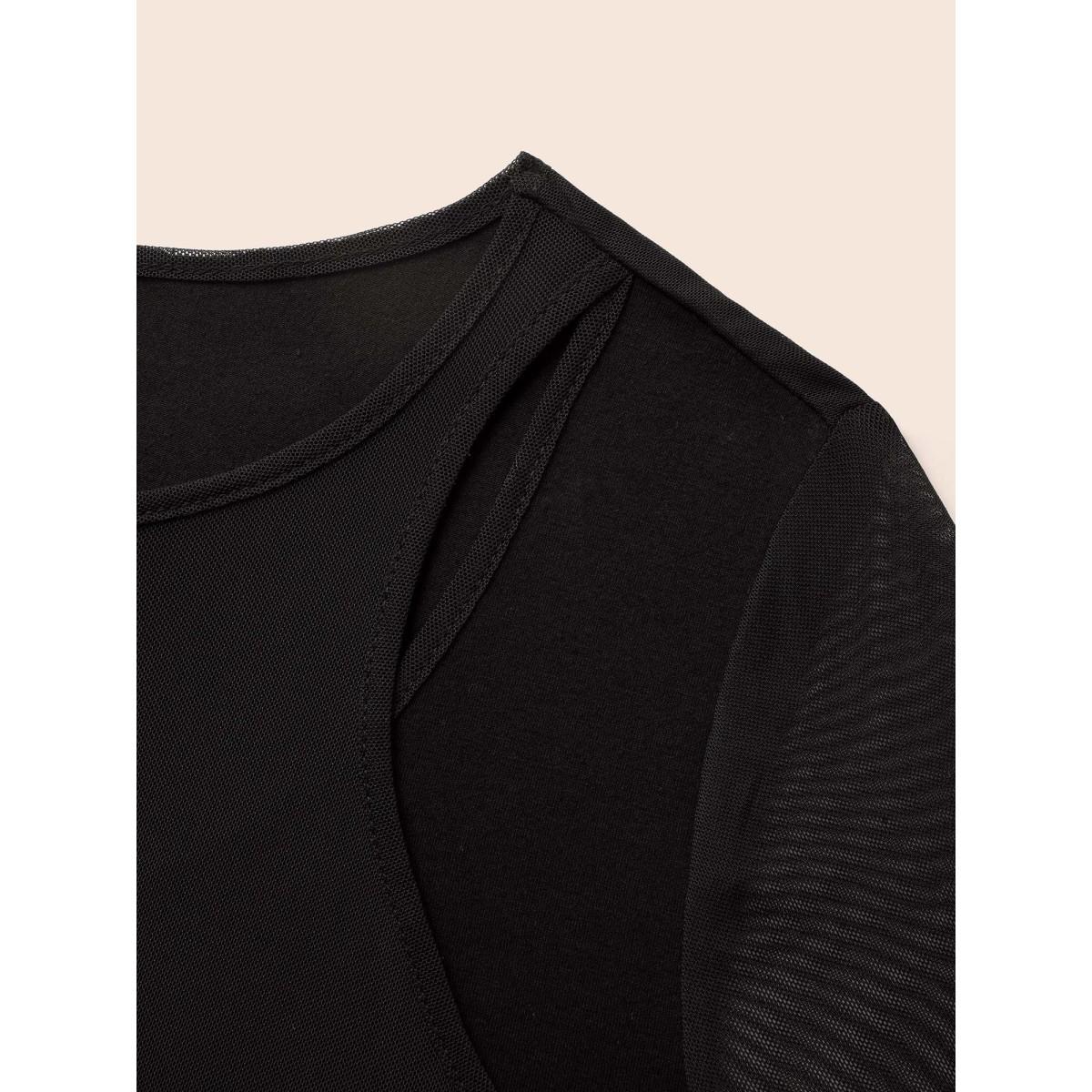 Plus Size Crew Neck Patchwork Mesh Split Hem Dress Black Women Elegant See through Round Neck Long Sleeve Curvy BloomChic 22-24/3X Product Image