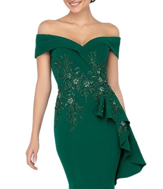Terani Couture Off-the-Shoulder Short Sleeve Peplum Beaded Applique Mermaid Gown Product Image