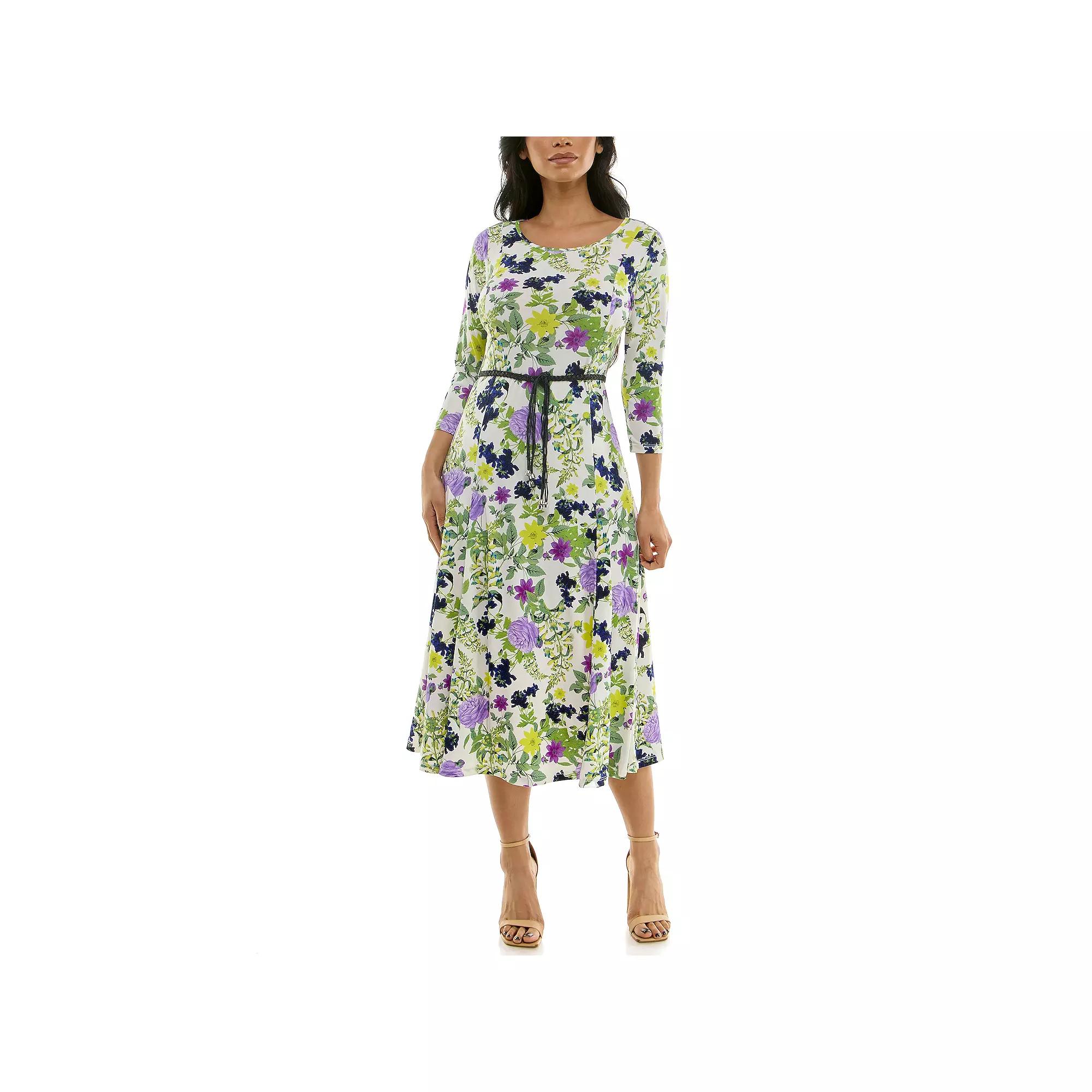 Women's Nina Leonard Sylvia Three-Quarter Sleeve Belted Midi Dress,  Product Image