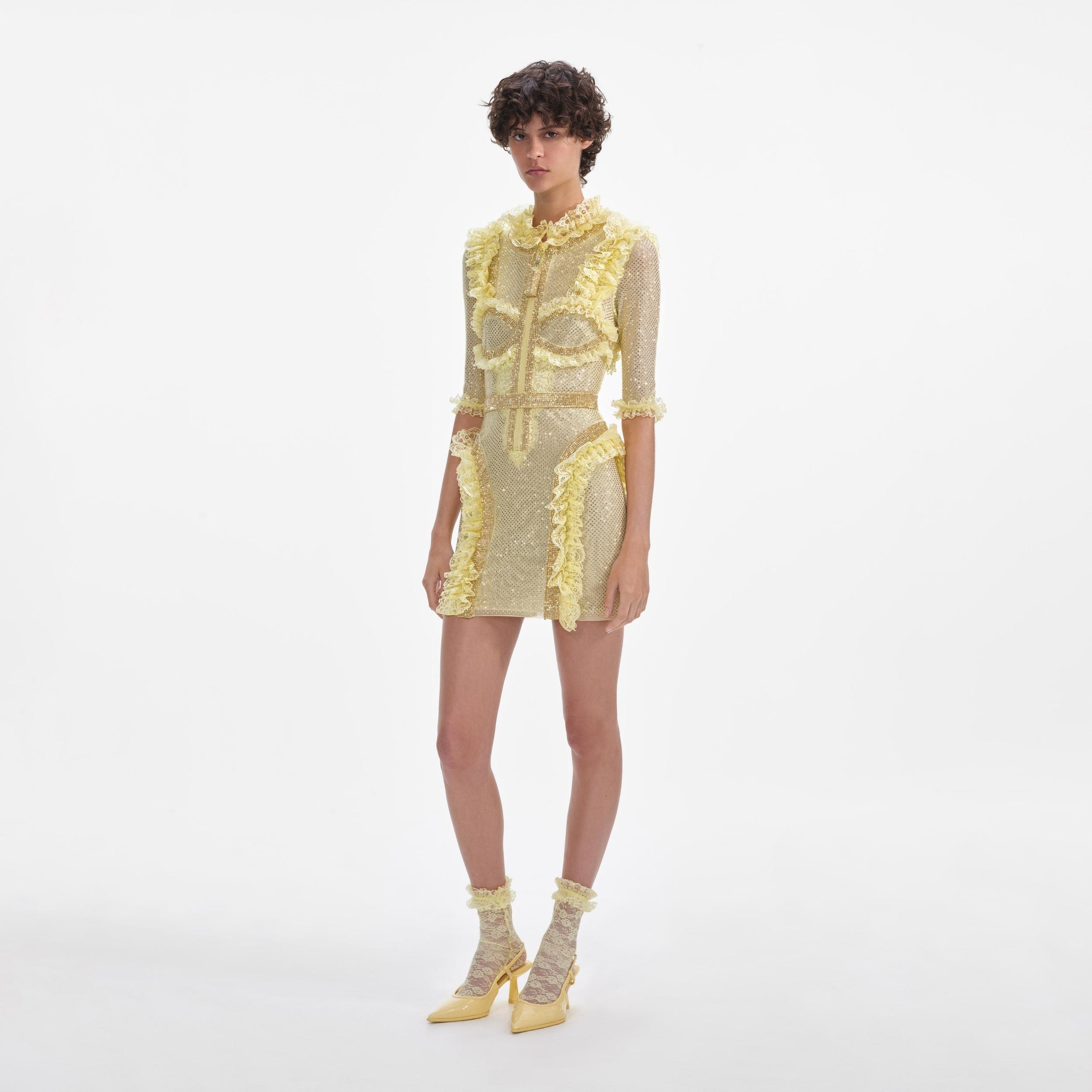 Yellow Rhinestone Mesh Ruffle Mini Dress Product Image