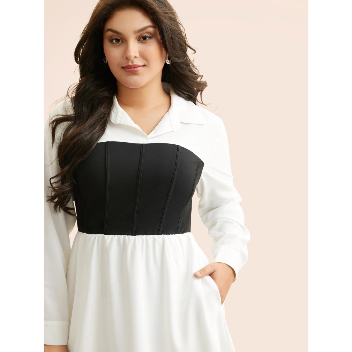 Plus Size Contrast Patchwork Pleated Midi Dress WhiteSmoke Women At the Office Contrast Shirt collar Long Sleeve Curvy BloomChic 28/5X Product Image
