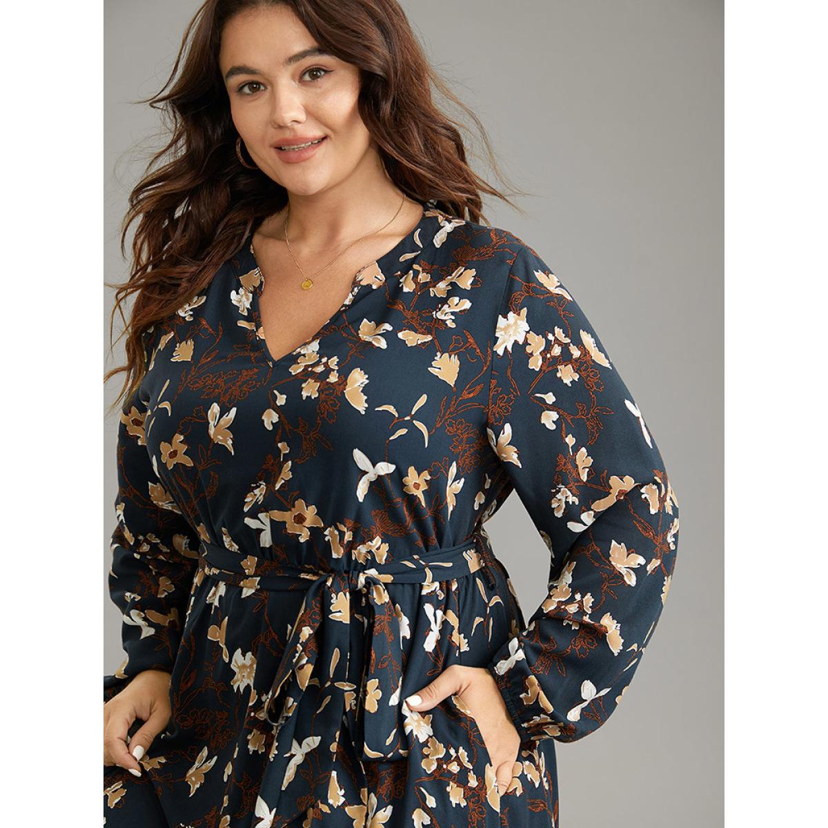 Plus Size Floral Print Notched Belted Lantern Sleeve Dress DarkBlue Women Elegant Elastic cuffs Notched collar Long Sleeve Curvy Midi Dress BloomChic 30/6X Product Image