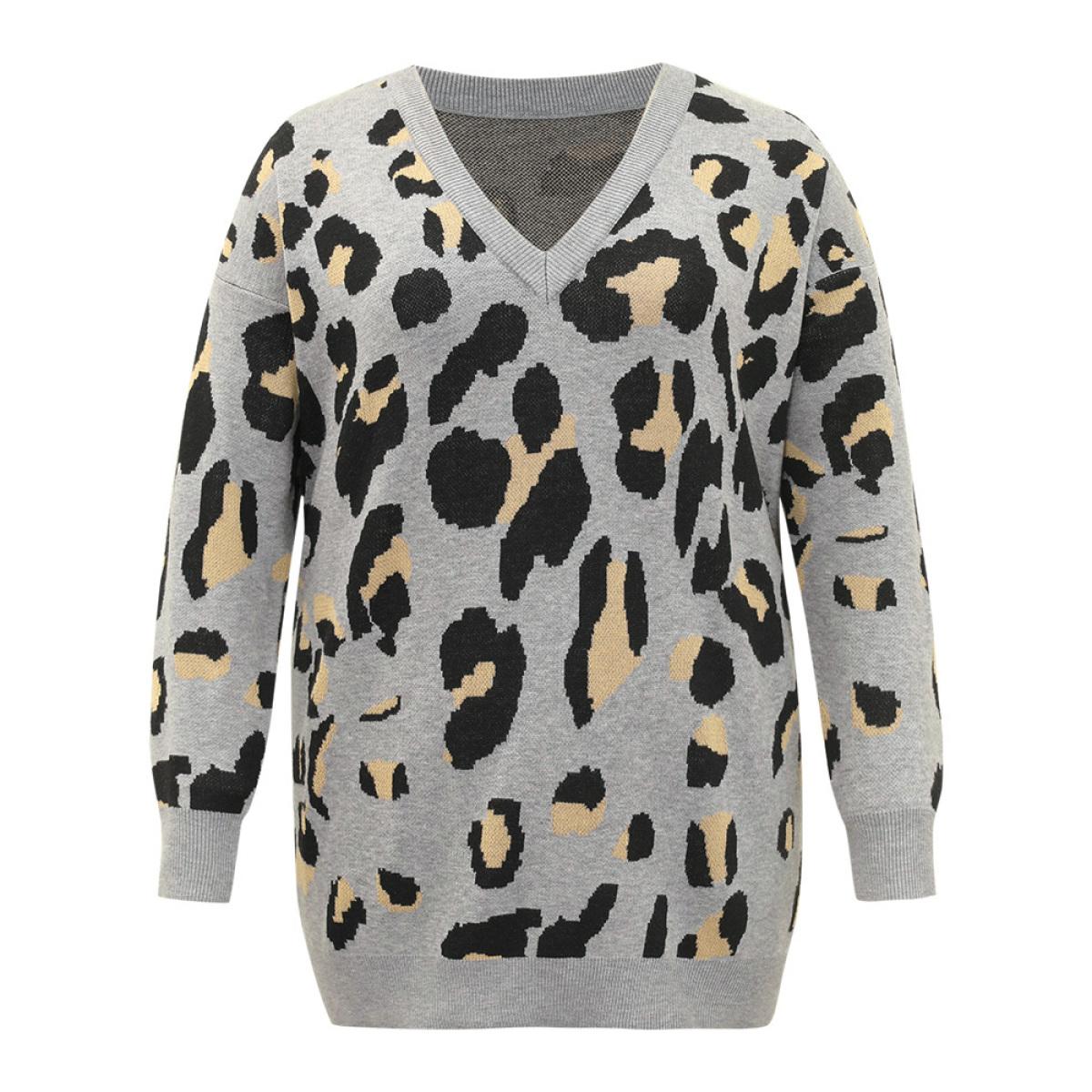 Plus Size Anti-Pilling Leopard Elastic Cuffs Pullover Leopard Women Casual Loose Long Sleeve V-neck Dailywear Pullovers BloomChic 12/L Product Image