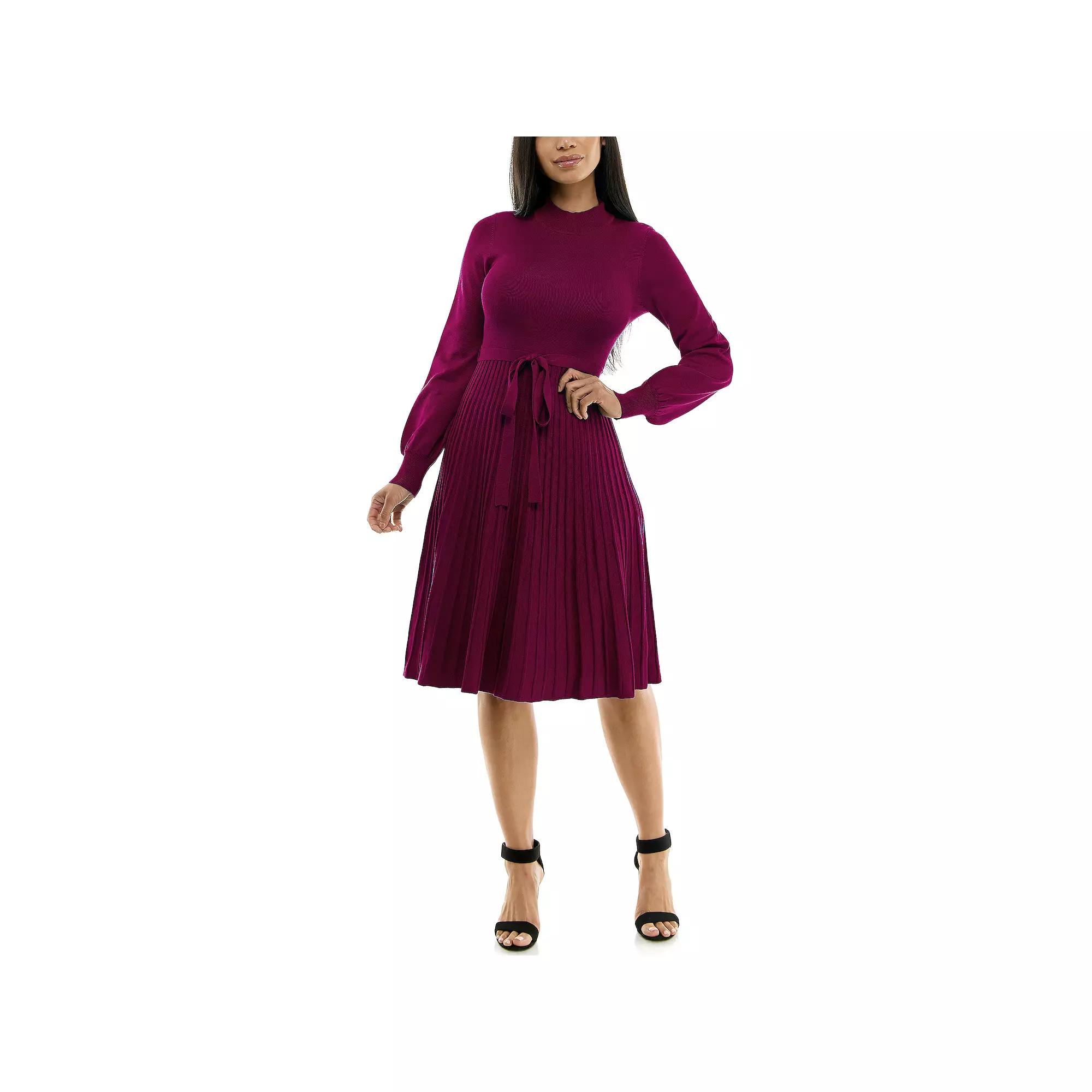 Women's Nina Leonard Balloon Sleeve Pleated Midi Sweater Dress,  Product Image