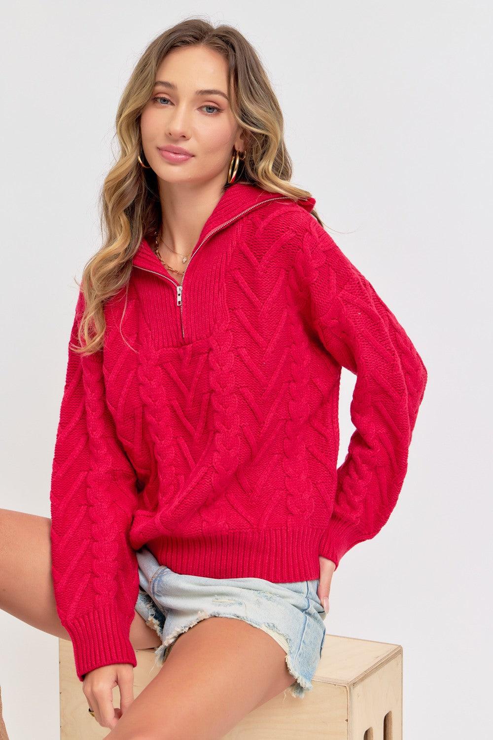 Cable Knit Zipper Front Sweater Product Image