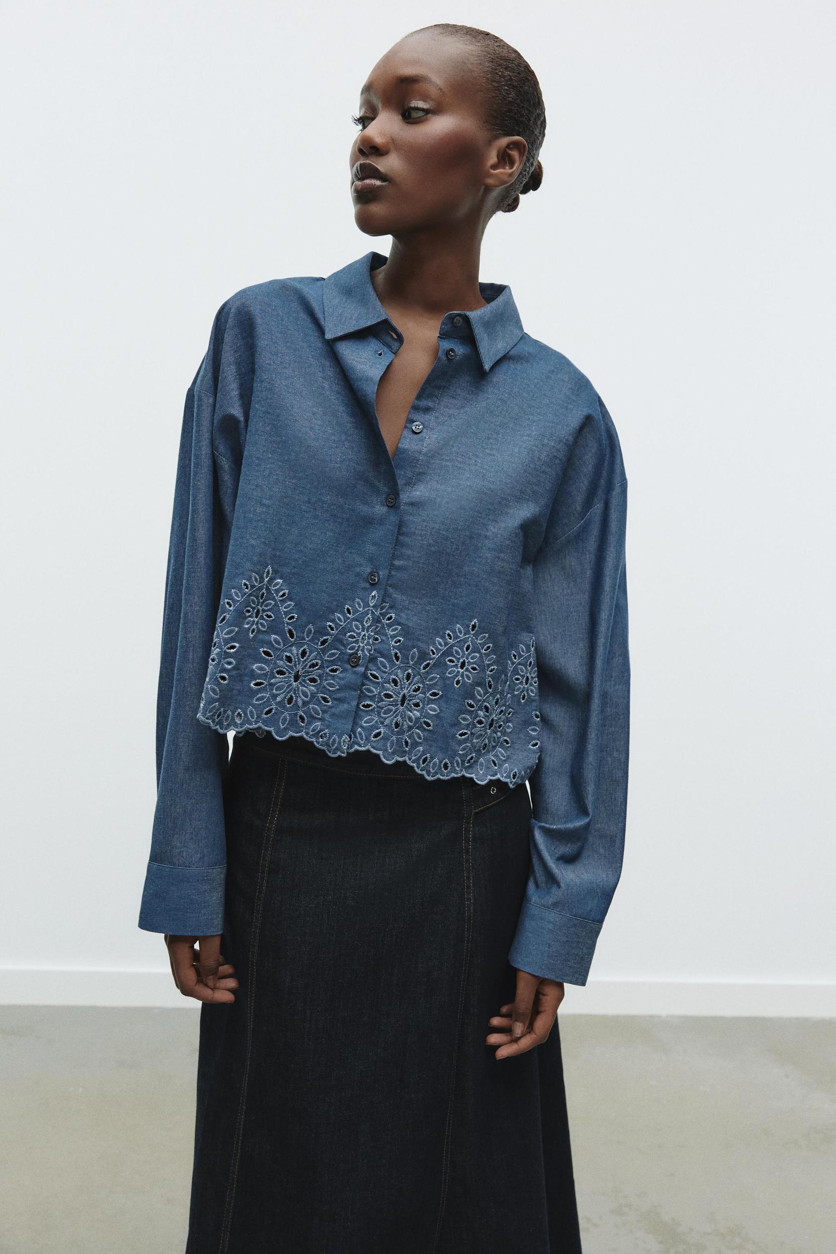 EMBROIDERED EYELET CROPPED SHIRT Product Image
