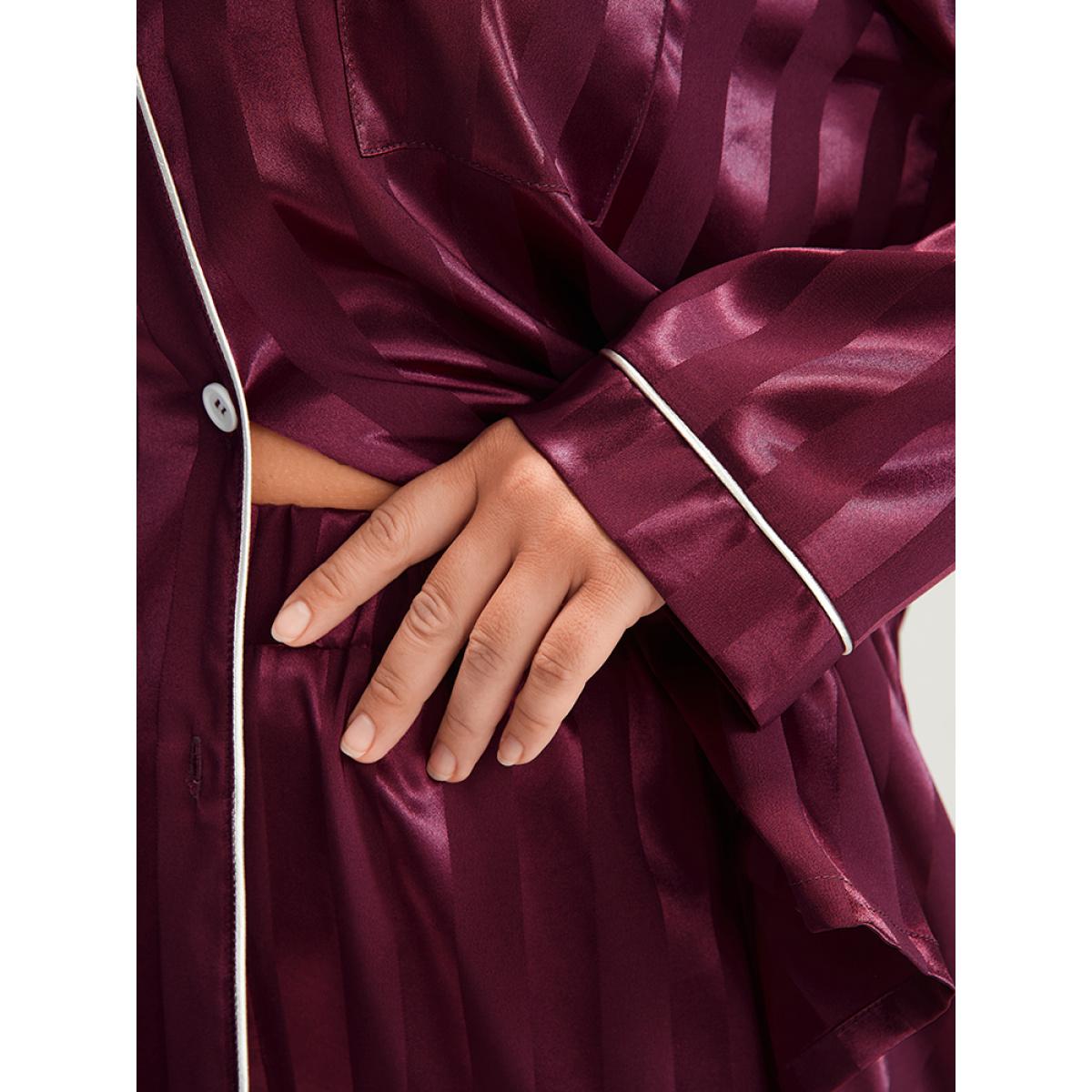 Plus Size Solid Striped Button Satin Pajama Set Women Burgundy Plain Patchwork Long Sleeve Shirt collar Casual Loungewear Sets BloomChic 30/6X Product Image