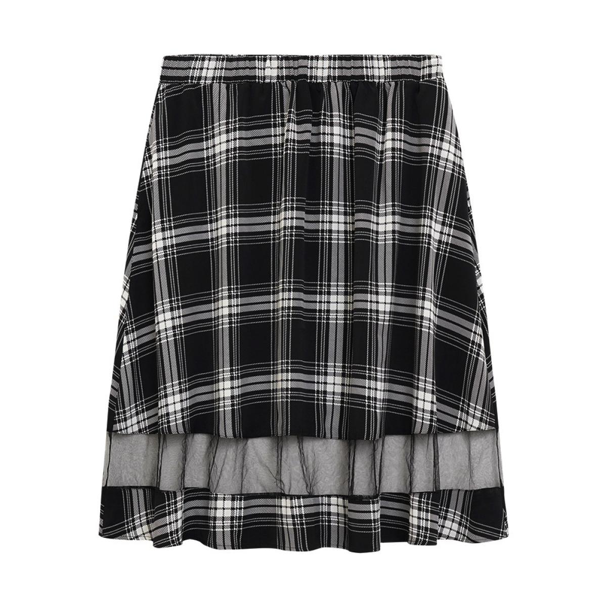 Plus Size Tartan Pocket Mesh Patchwork Elastic Waist Skirt Women Black Office See through No stretch Pocket Work Skirts BloomChic 10/M Product Image