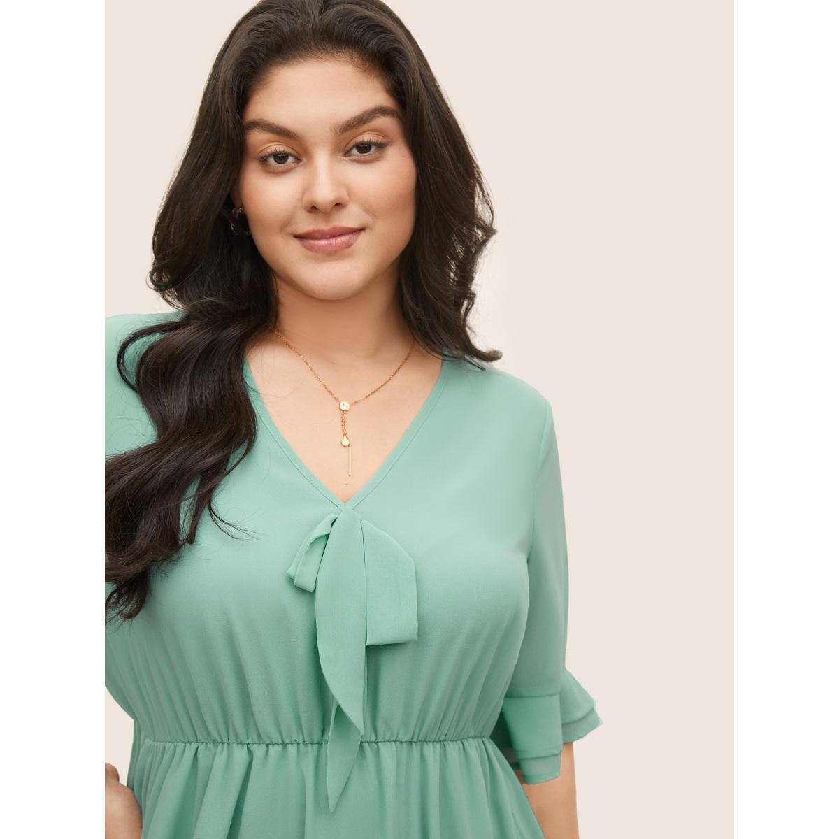 Plus Size Solid Bowknot Patchwork Tiered Ruffle Sleeve Dress Turquoise Women Elegant Non V-neck Half Sleeve Curvy Midi Dress BloomChic 30/6X Product Image
