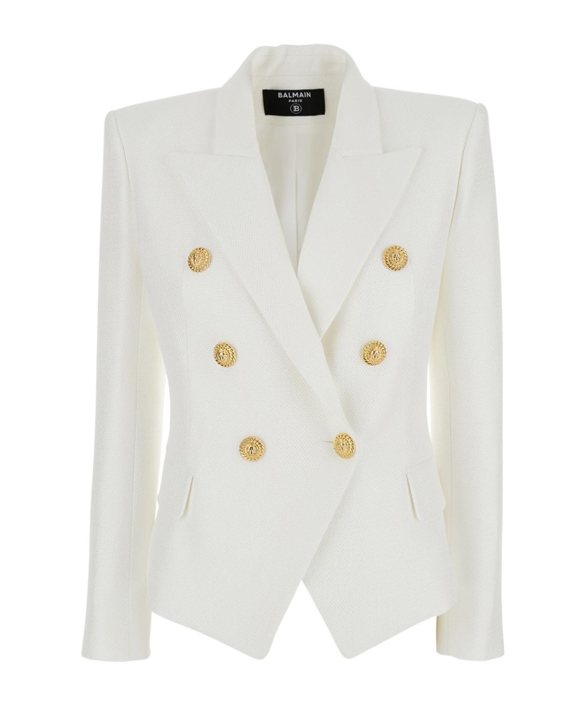 BALMAIN Double-breasted Structured Denim Blazer With Peak Lapel In White Product Image