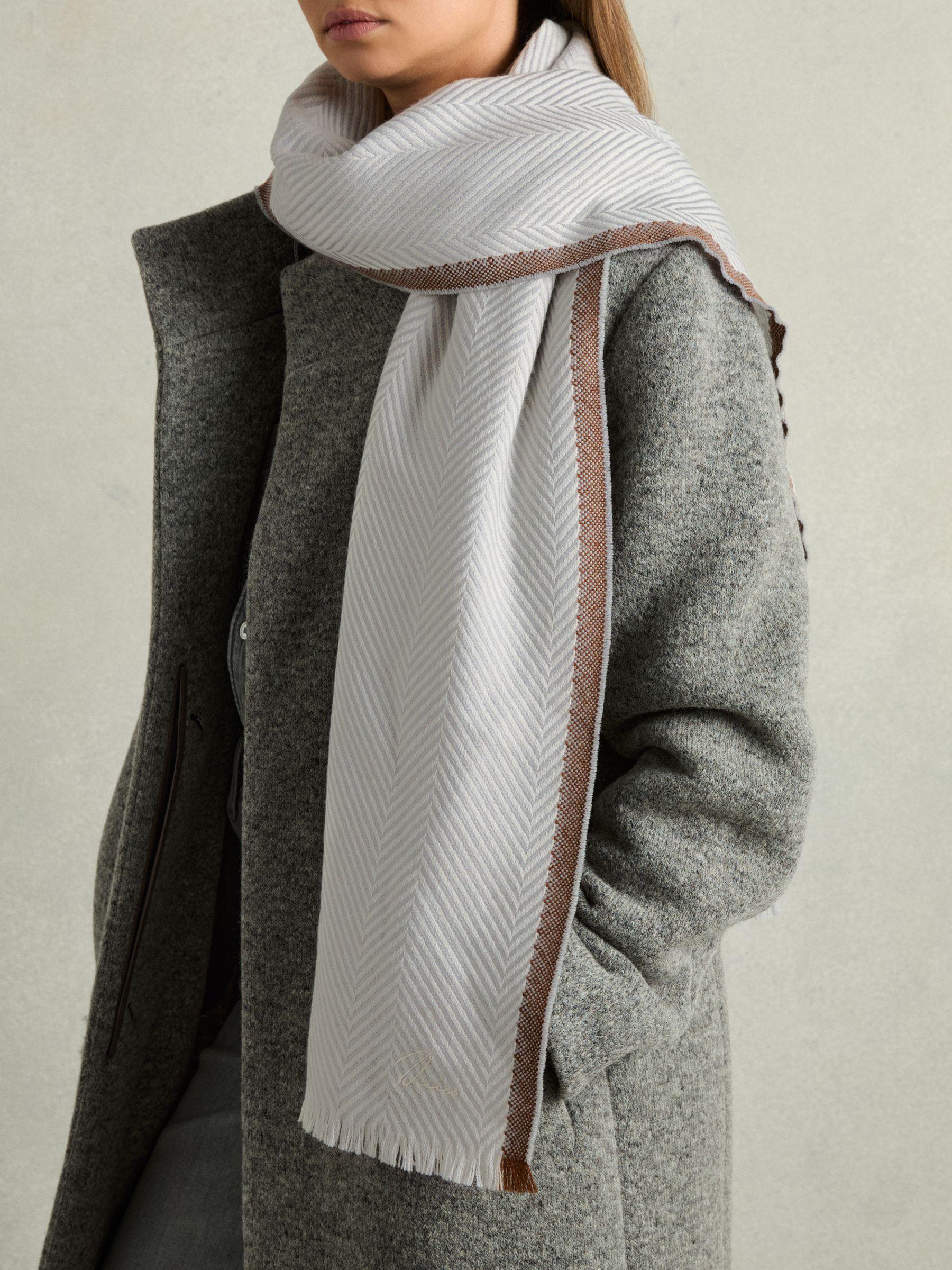 Logo-Embroidered Wool-Herringbone Scarf in Grey Product Image