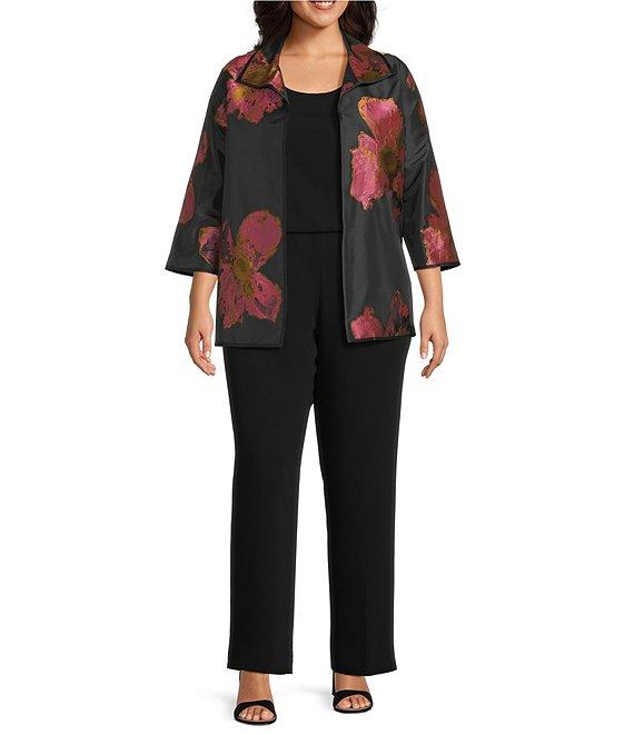 Caroline Rose Plus Pink Petal Print Devore Spread Collar Bracelet Sleeve Open-Front Statement Jacket Product Image